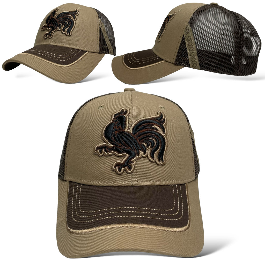 Western Rooster Embroidered Trucker Hat Khaki Snapback Mesh Back