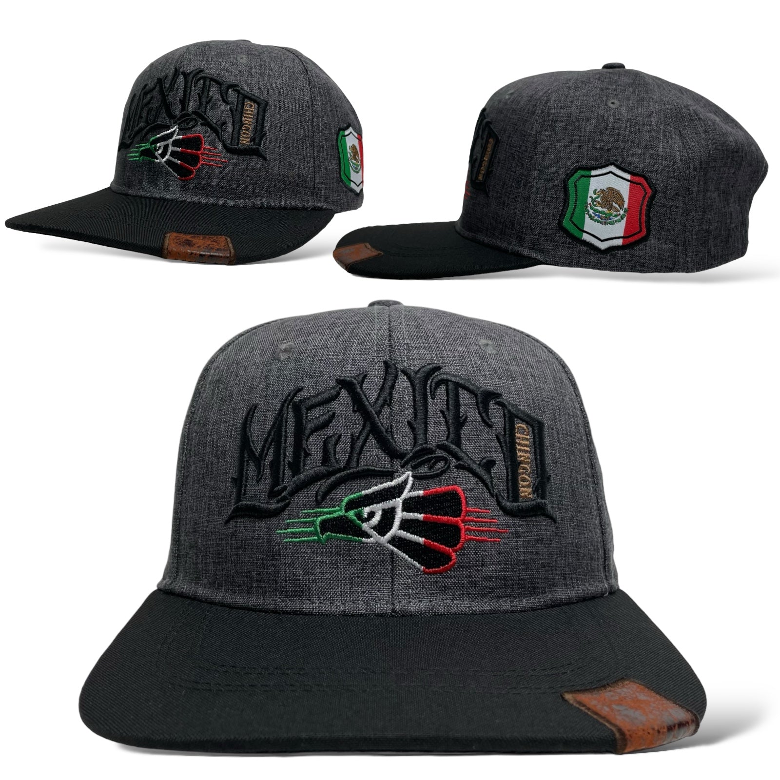 Mexico Chingon 3D Embroidered Snapback Baseball Cap Gray Black Front View