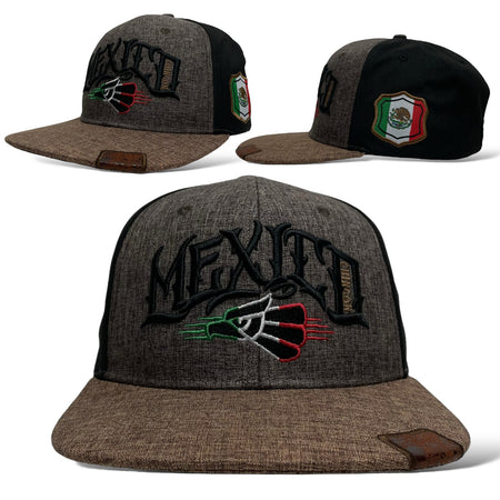 3D Embroidered 'Mexico Chingon' Baseball Cap in Brown/Black - Snapback