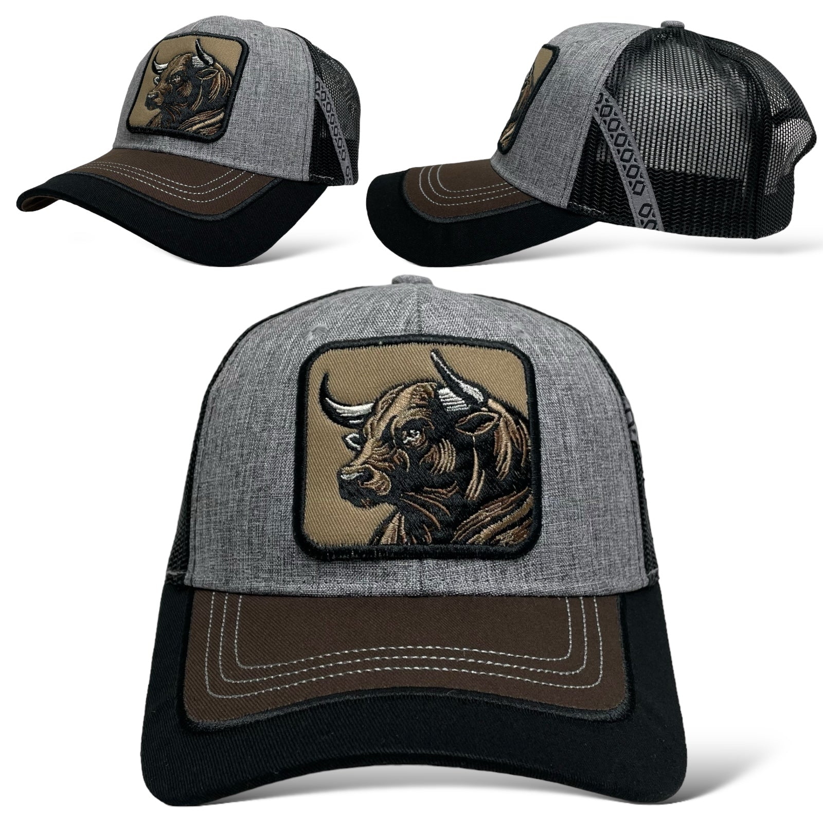 Gray snapback trucker hat with embroidered bull patch