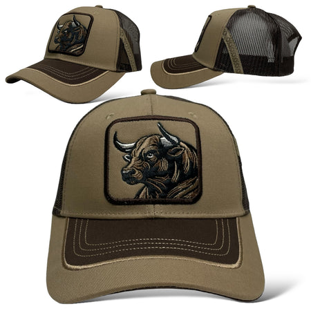 Khaki Trucker Hat with Embroidered Bull Patch Front View