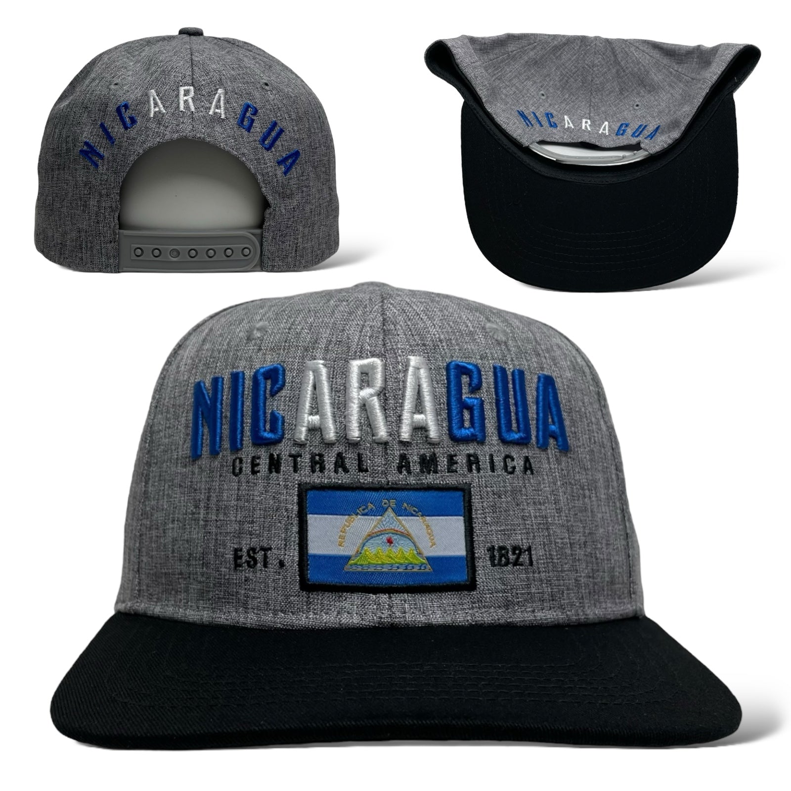 Gorra snapback gris con bandera de Nicaragua bordada en el frente