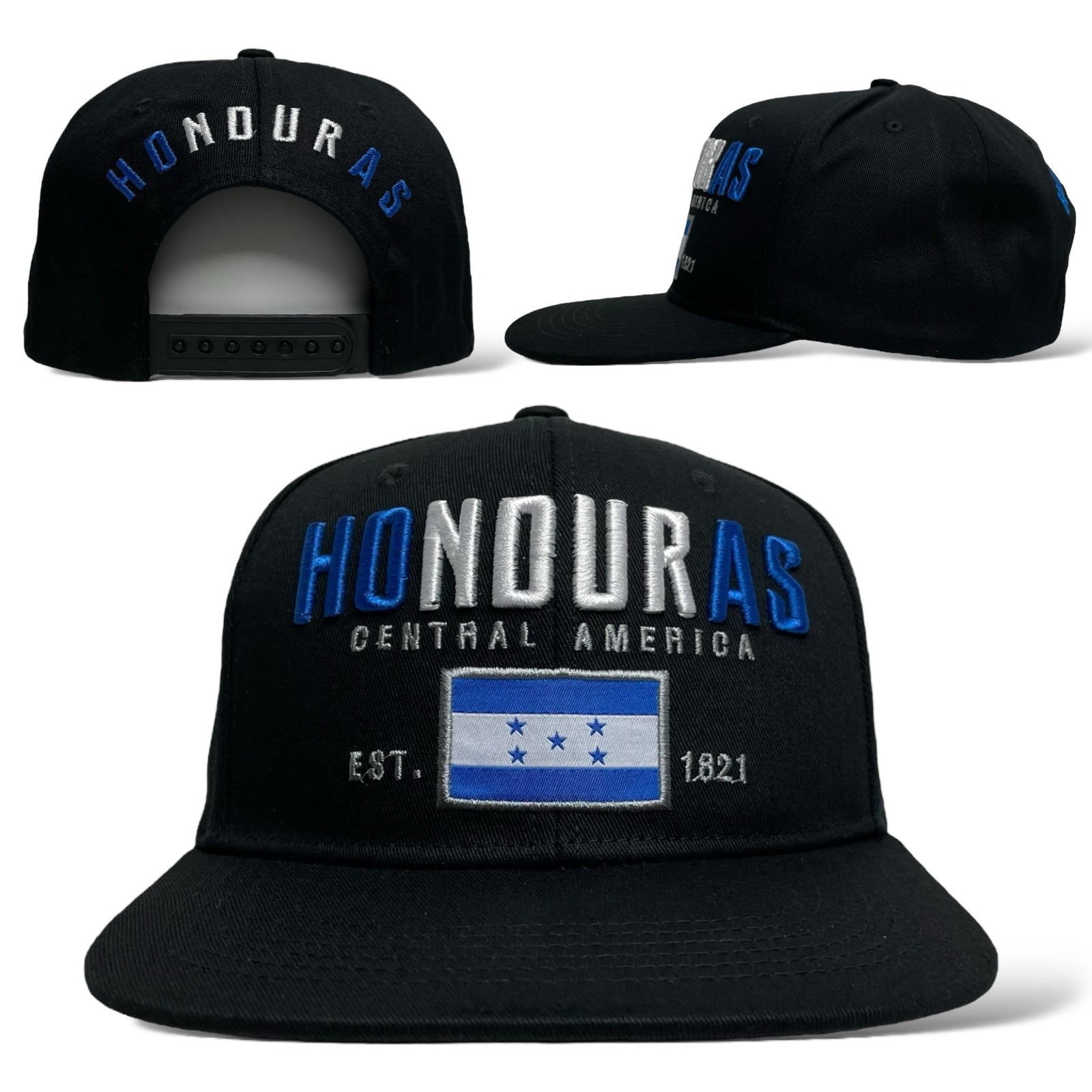 Gorra negra snapback con bordado de bandera de Honduras en el frontal.