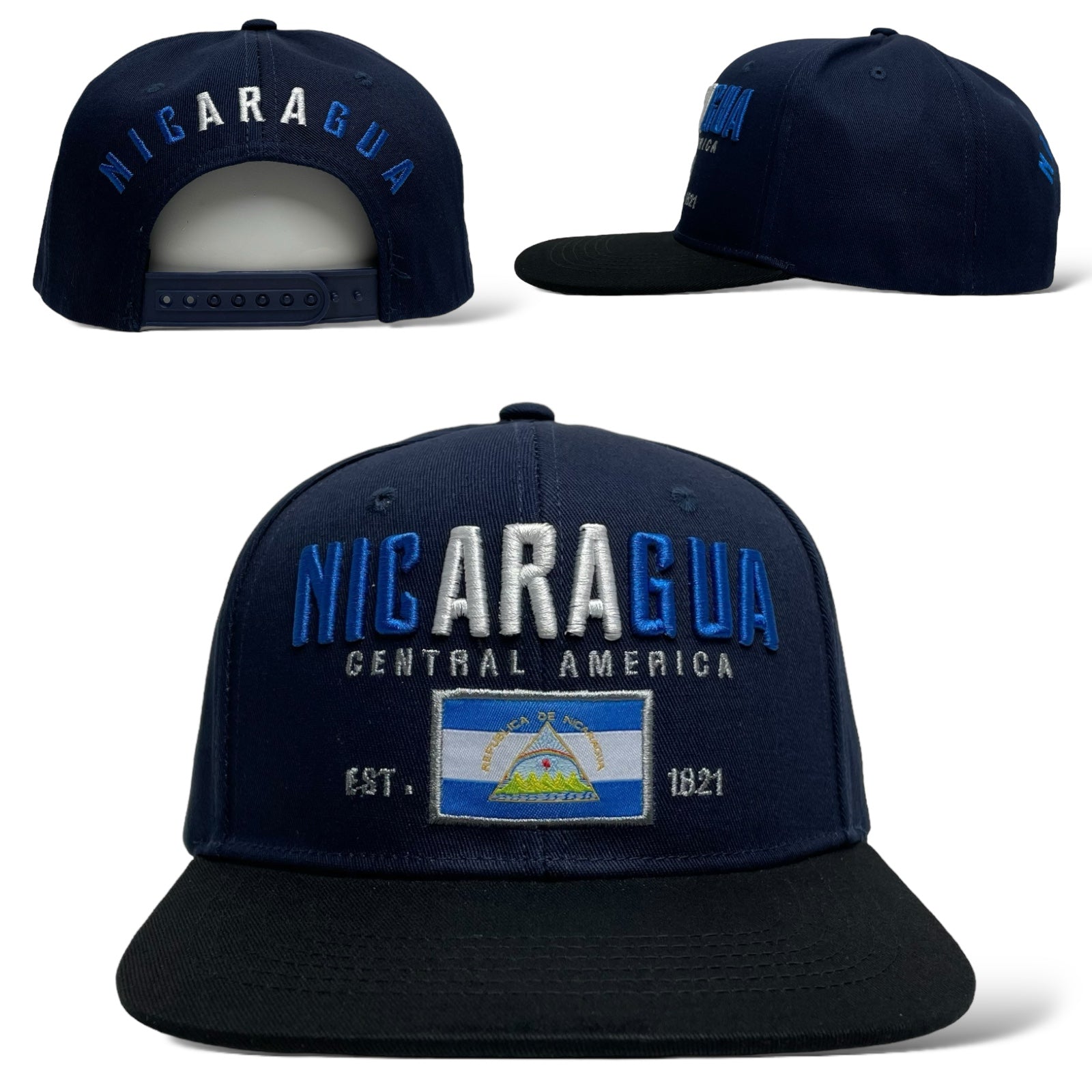 orra de baseball snapback color navy con bandera de Nicaragua bordada.