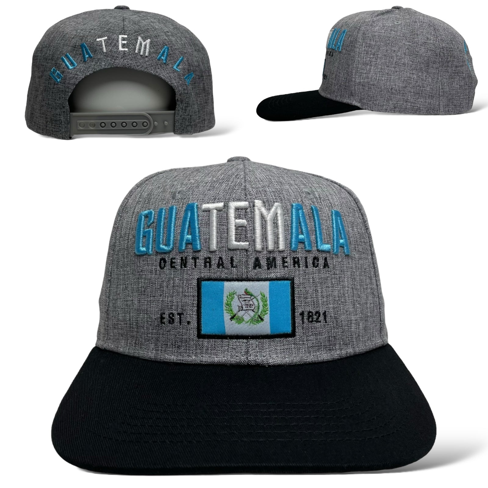 Gorra de baseball snapback gris con bandera de Guatemala bordada