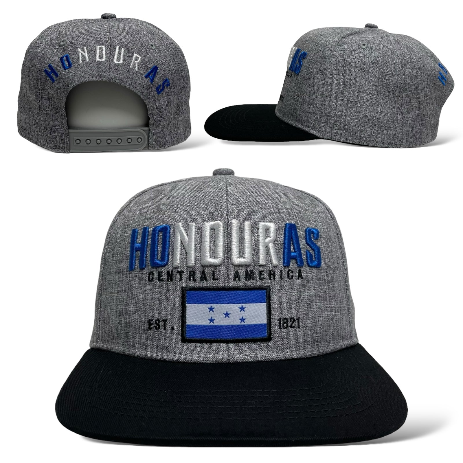 Gorra de baseball gris snapback con bandera de Honduras bordada