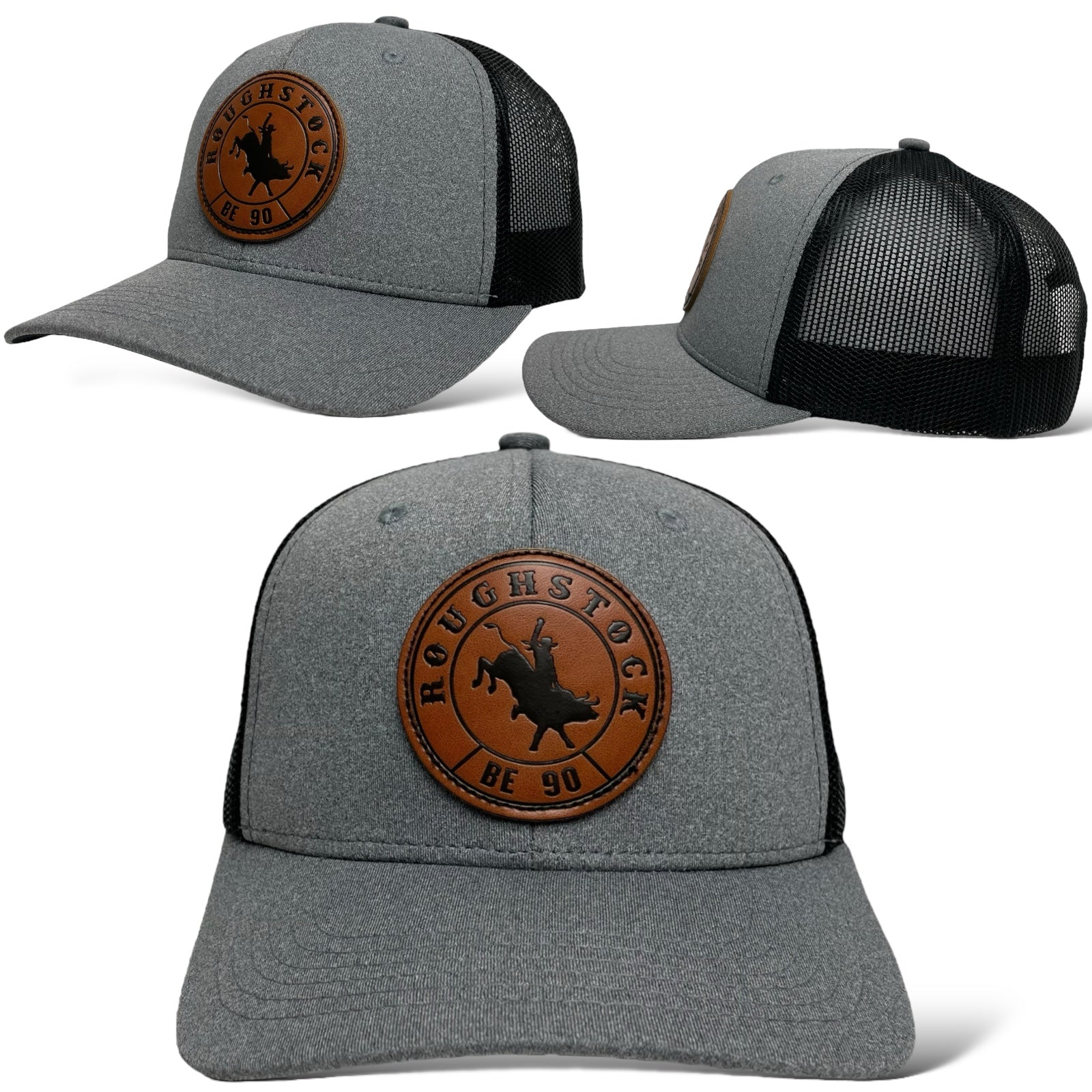 Men's gray snapback trucker hat with leather bucking bull patch