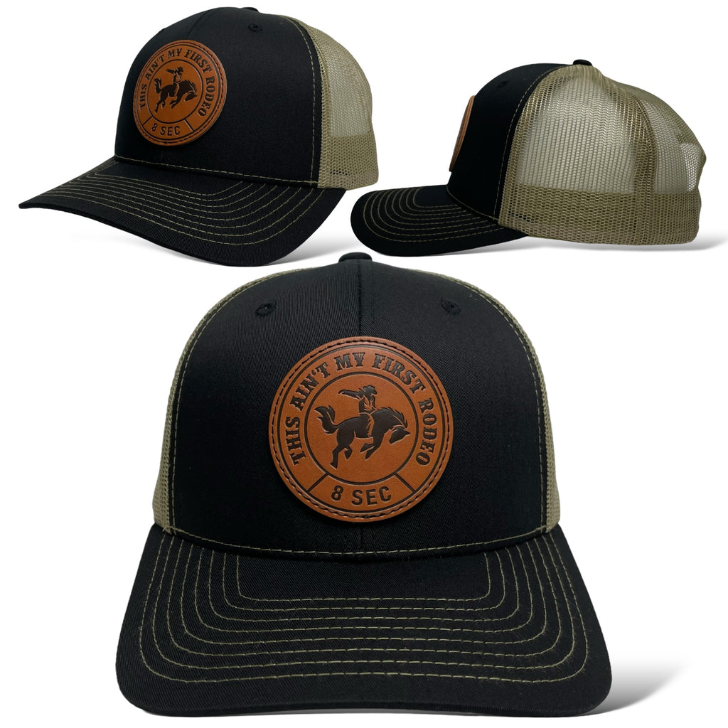 Men's Black Snapback Trucker Cap with Leather Bucking Bronco Patch