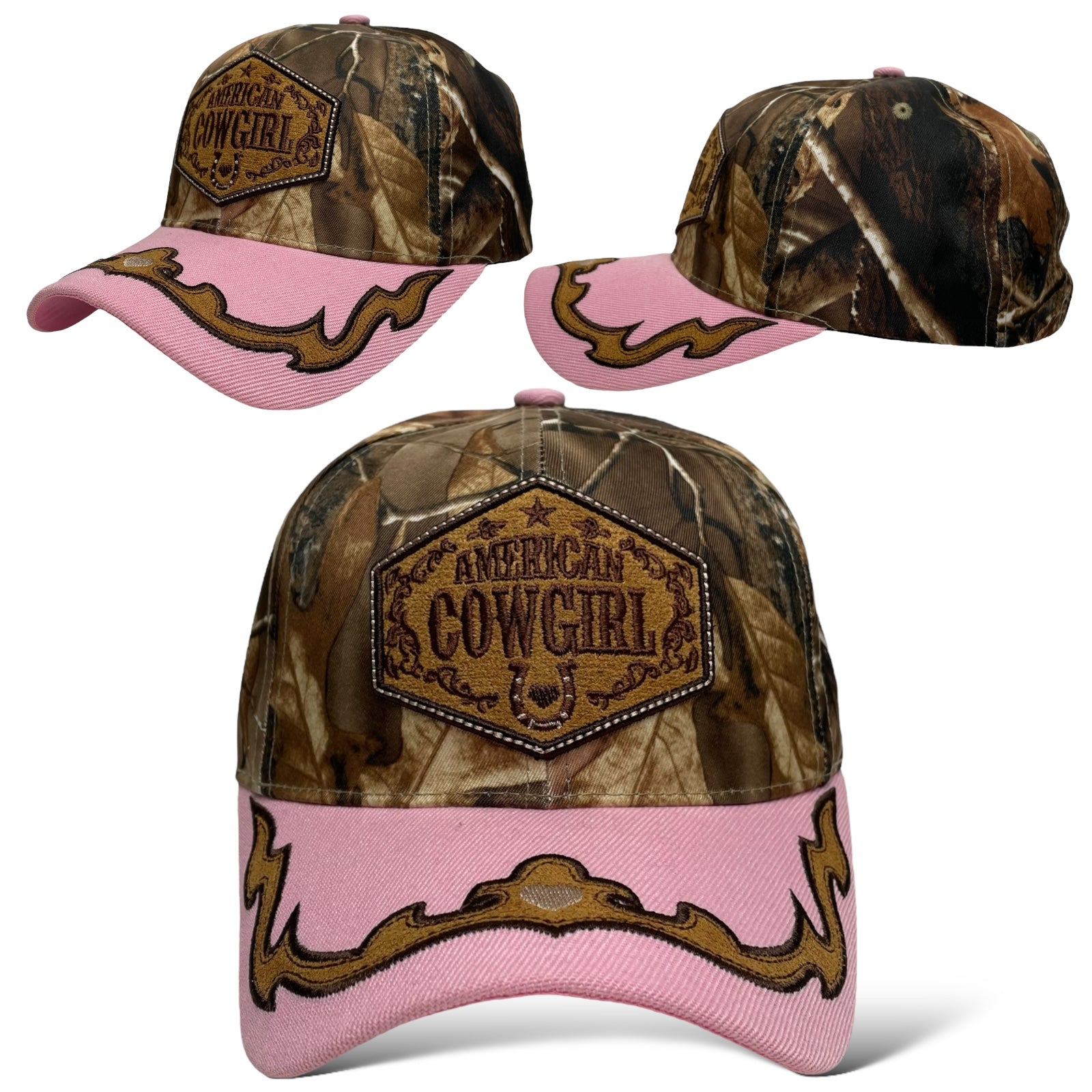 Pink camouflage baseball cap for women with American Cowgirl embroidery.