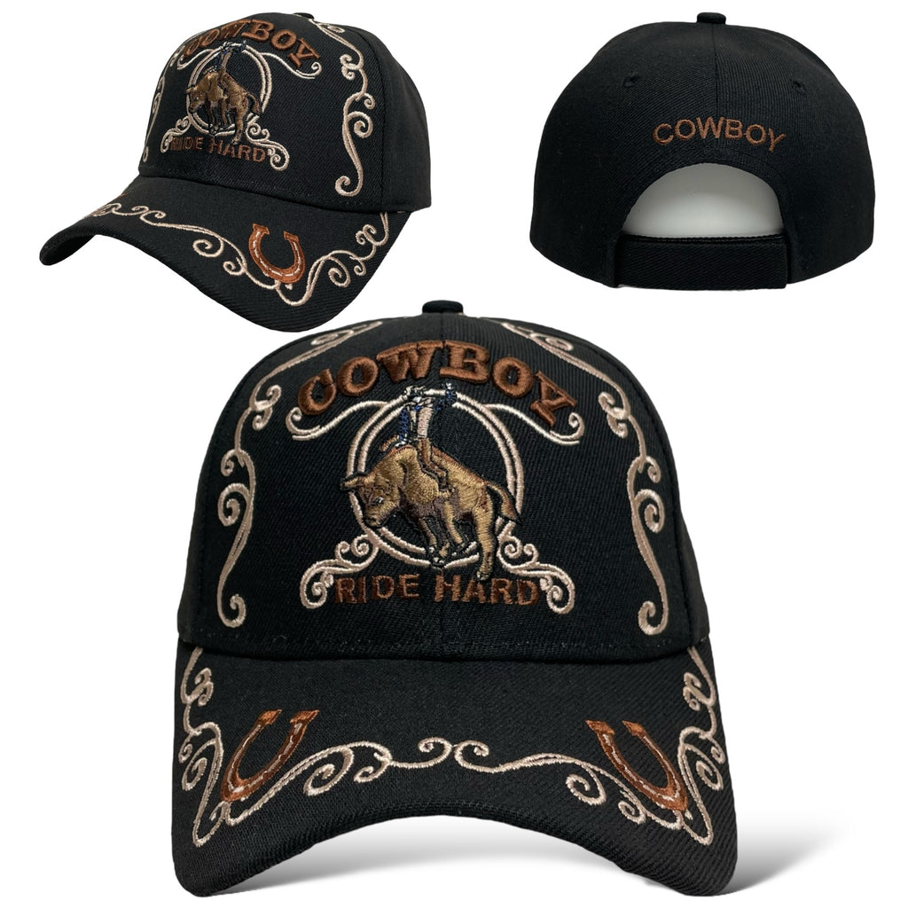 Black baseball cap with 'Cowboy Ride Hard' embroidery and bull rider design.