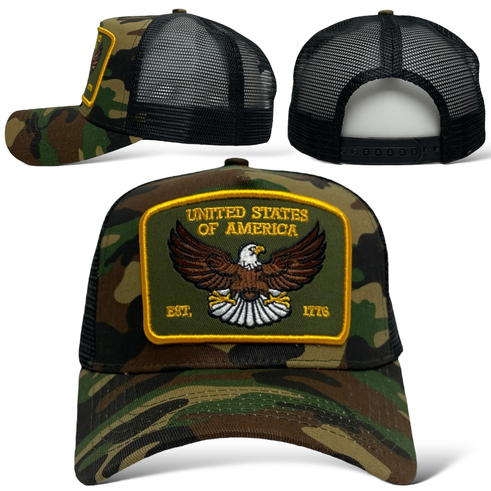 USA Eagle EST. 1776 Camouflage Snapback Trucker Hat Front View