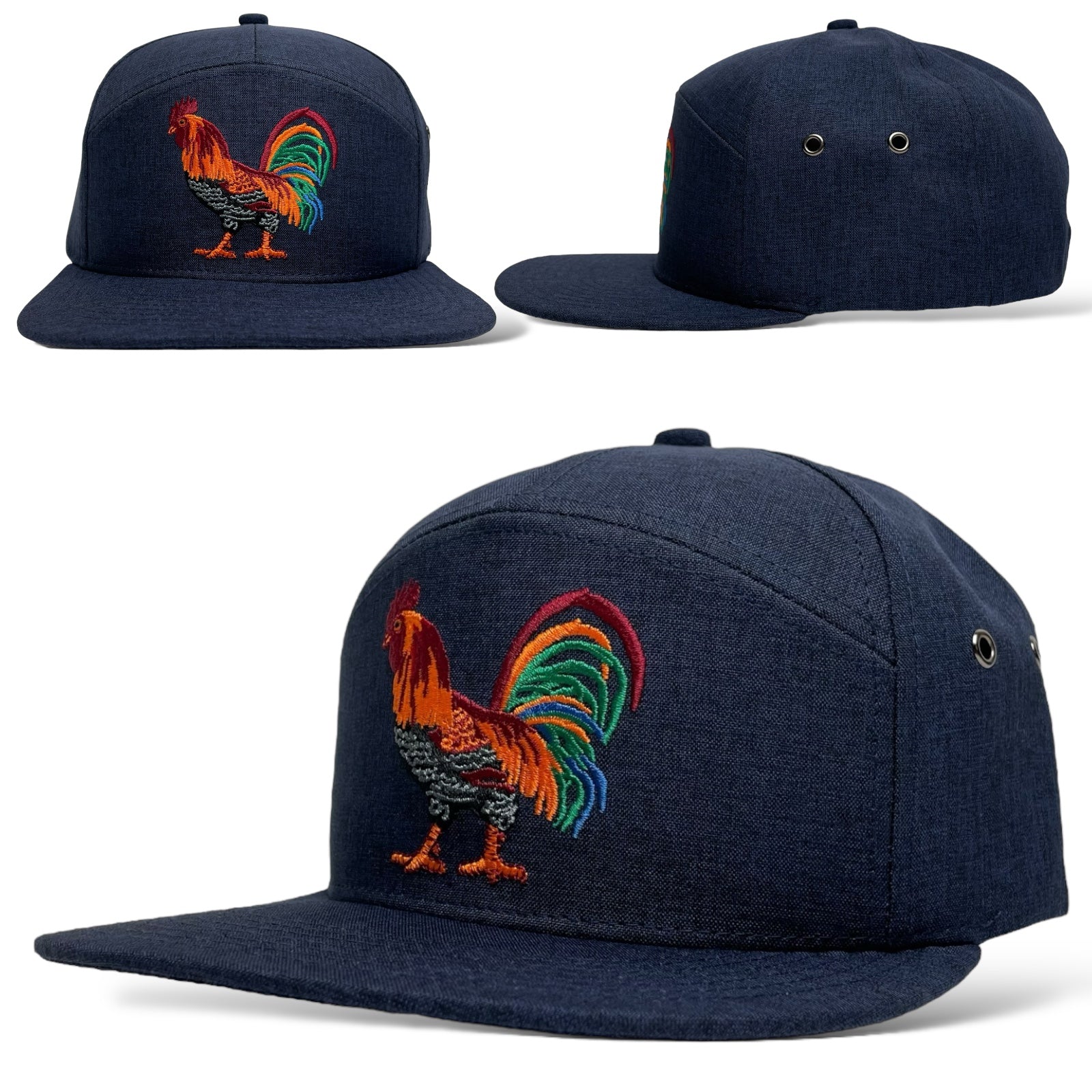 7-Panel Snapback Baseball Cap with Rooster Embroidery