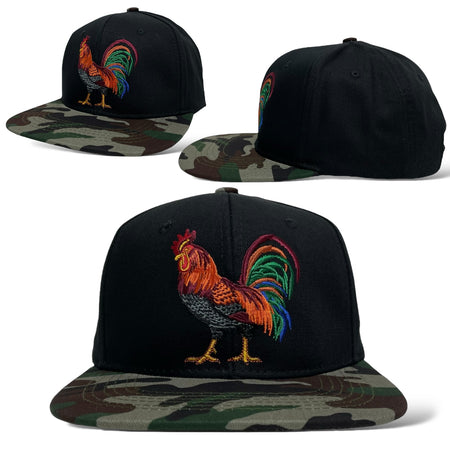 Black camouflage snapback baseball cap with rooster embroidery