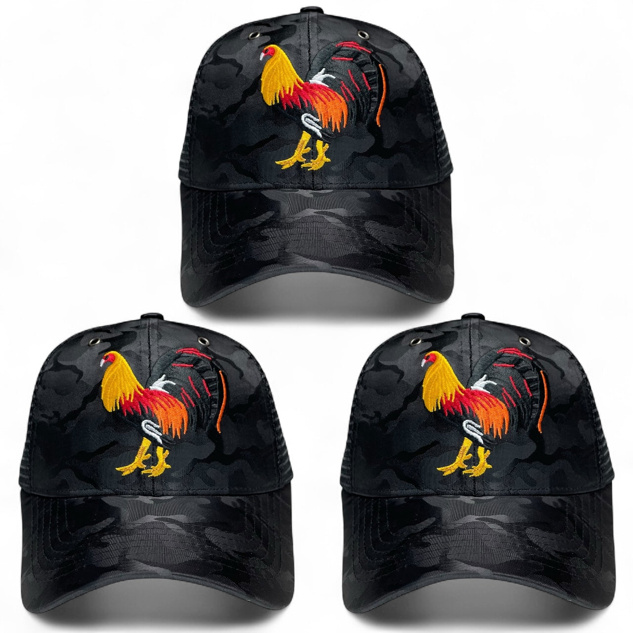 Wholesale Rooster Fight Embroidered Trucker Hat Black Rodeo Pack of 3