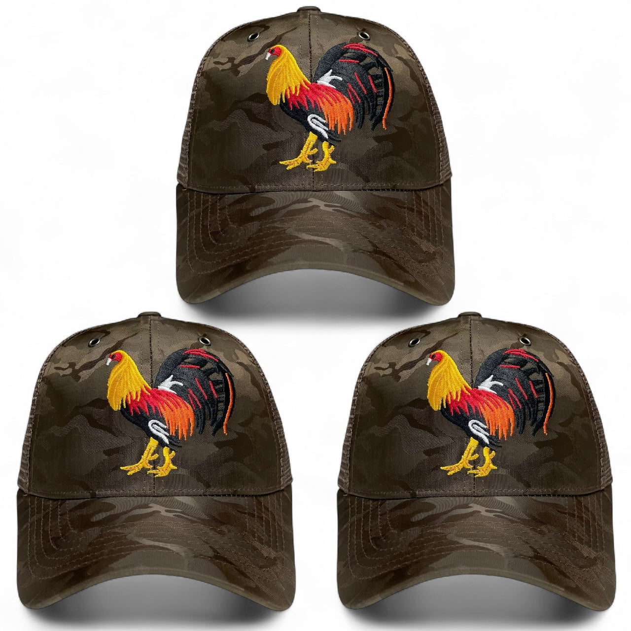 Pack of 3 brown camo snapback trucker hats with rooster embroidered design, Western style, mesh back, and adjustable closure.
