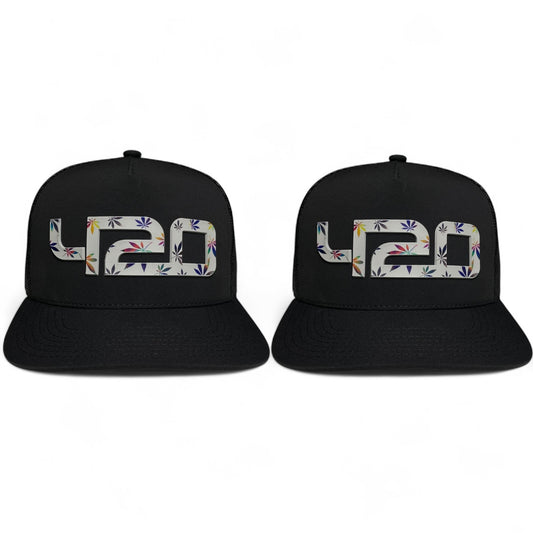 Pack of 2 snapback caps with 420 lifestyle PVC patch, streetwear style, adjustable closure, ideal for casual wear, events, or festivals.