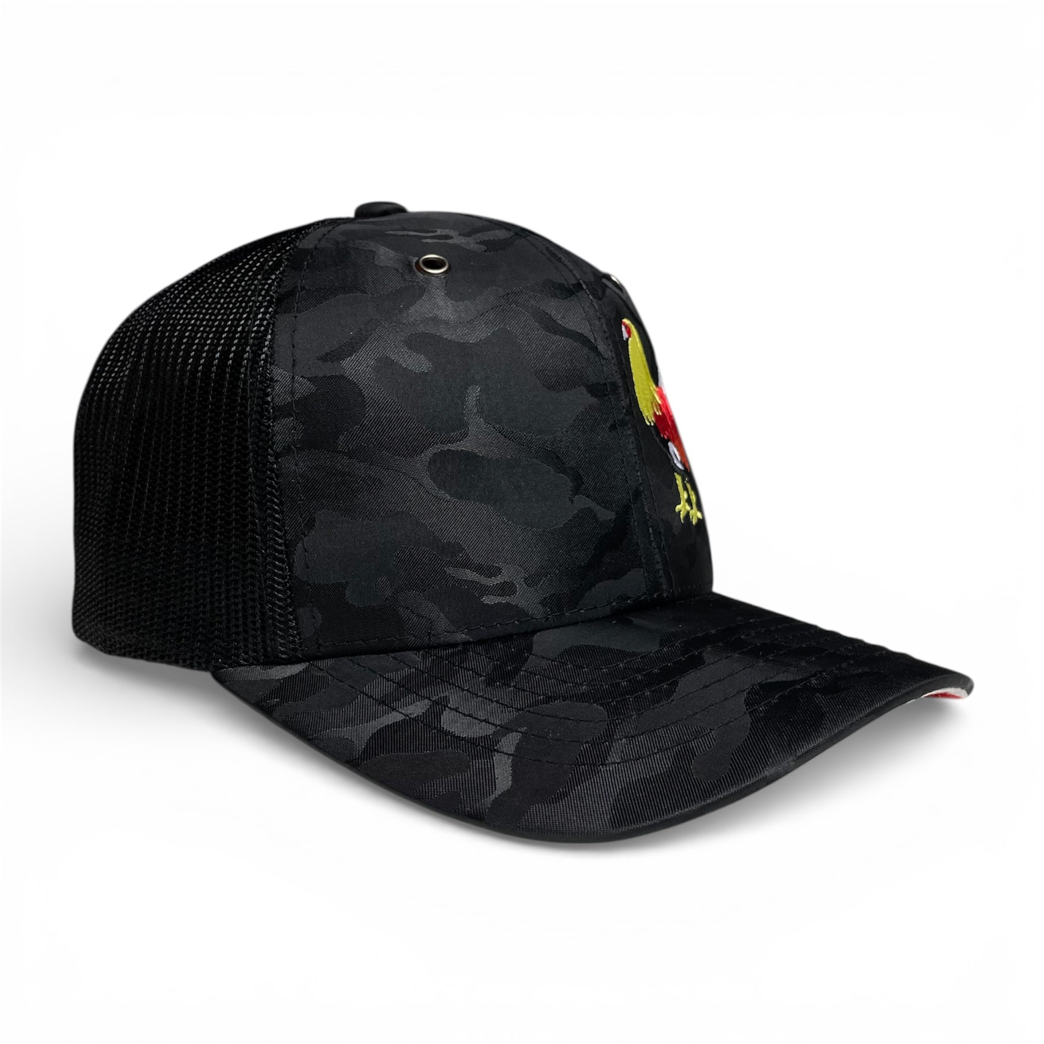 Rooster Embroidered Mexico Flag Trucker Hat – Black Camo