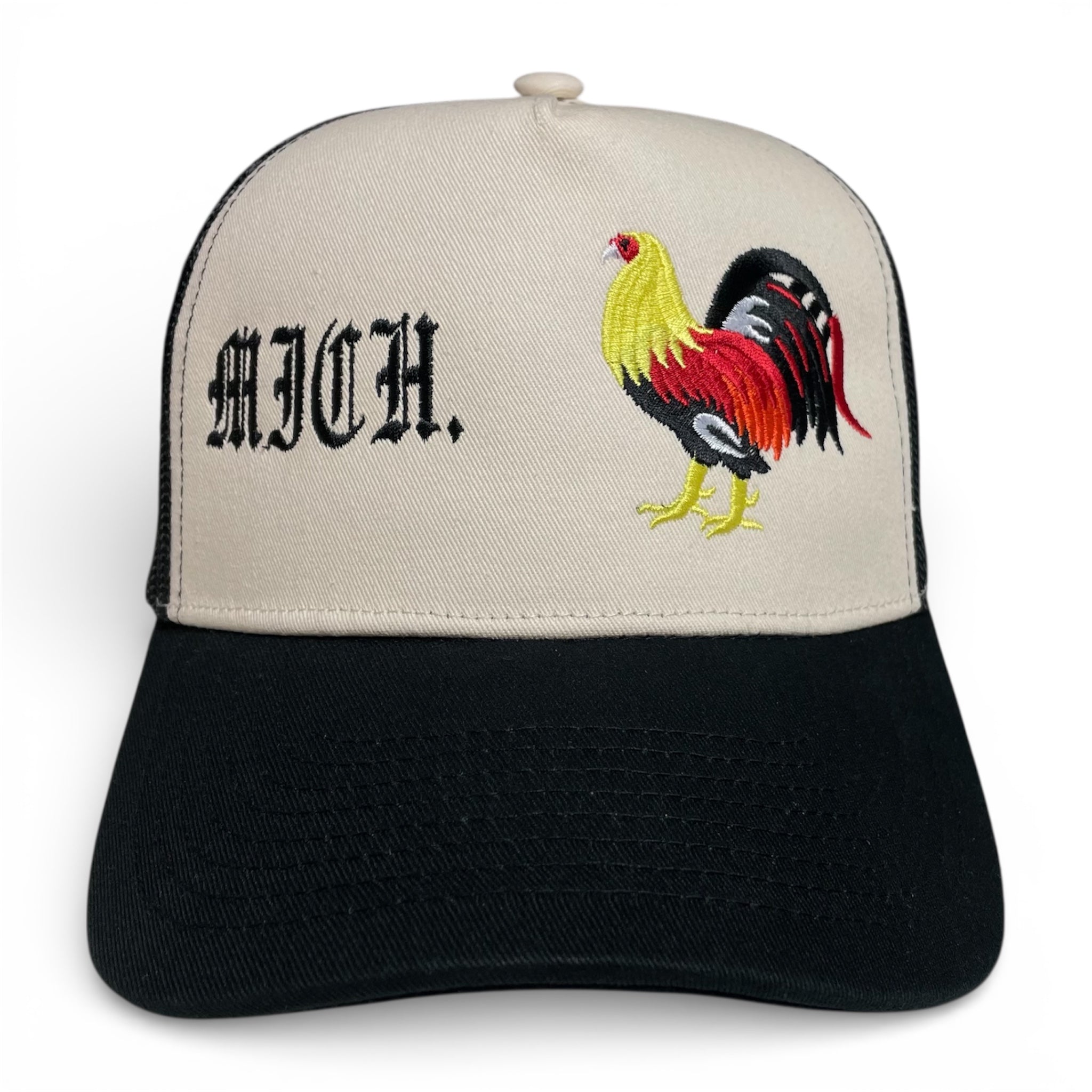Black snapback baseball cap featuring an embroidered Michoacan rooster design inspired by Mexican culture.