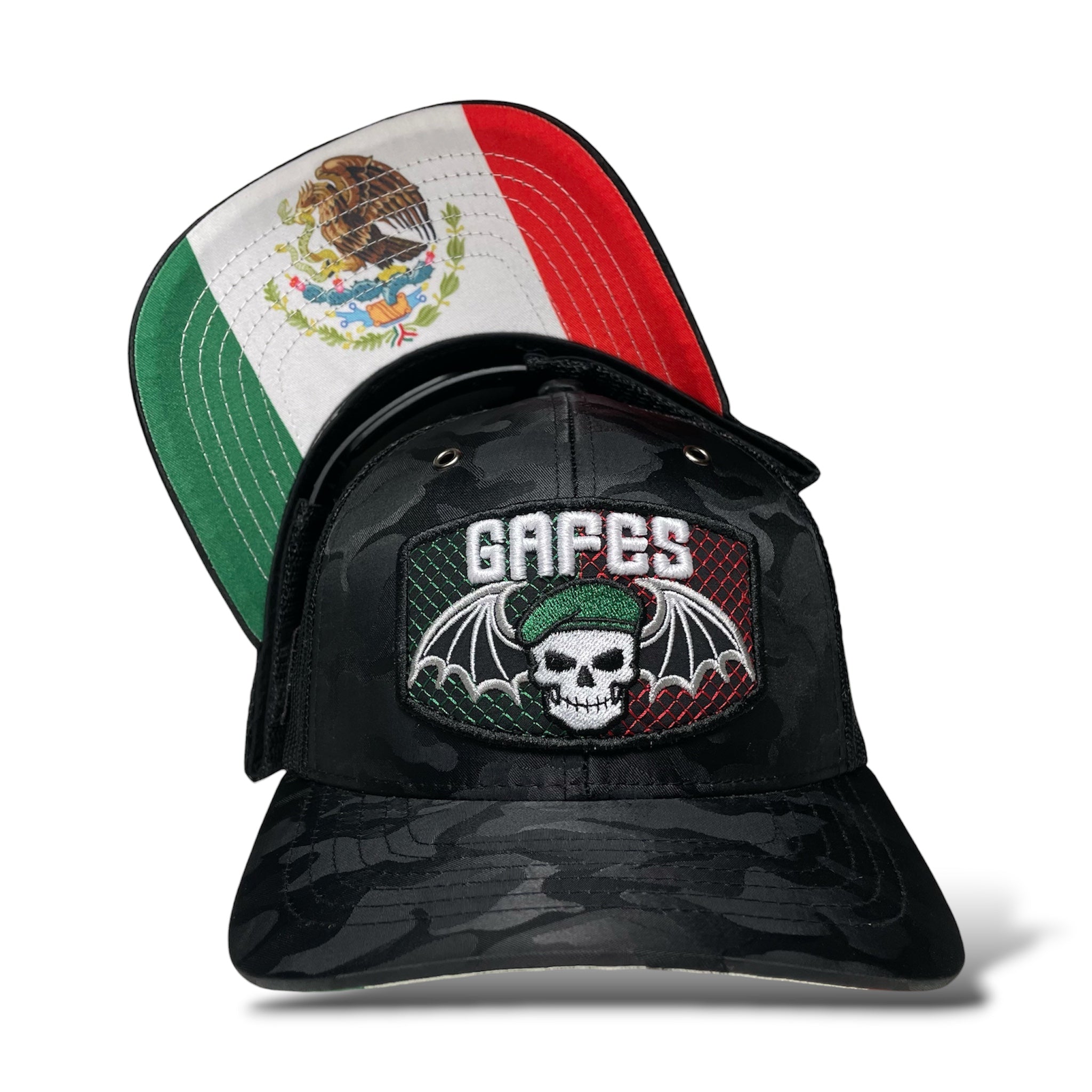 Gorra Mexicana con Parches Bordados de la Bandera de Mexico, Gafes Y Murcielagos