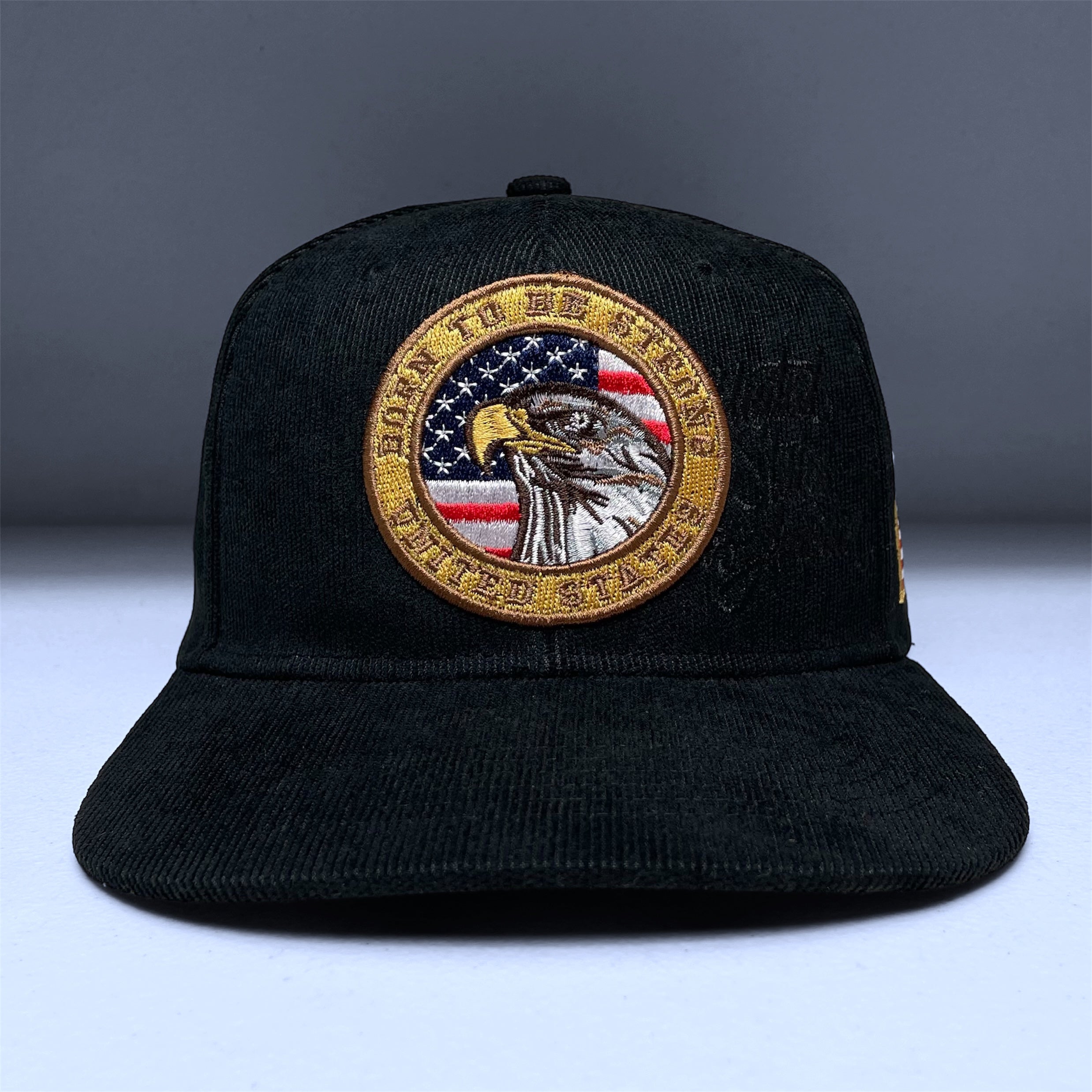 USA Flag Eagle Embroidered Black Corduroy Snapback Cap