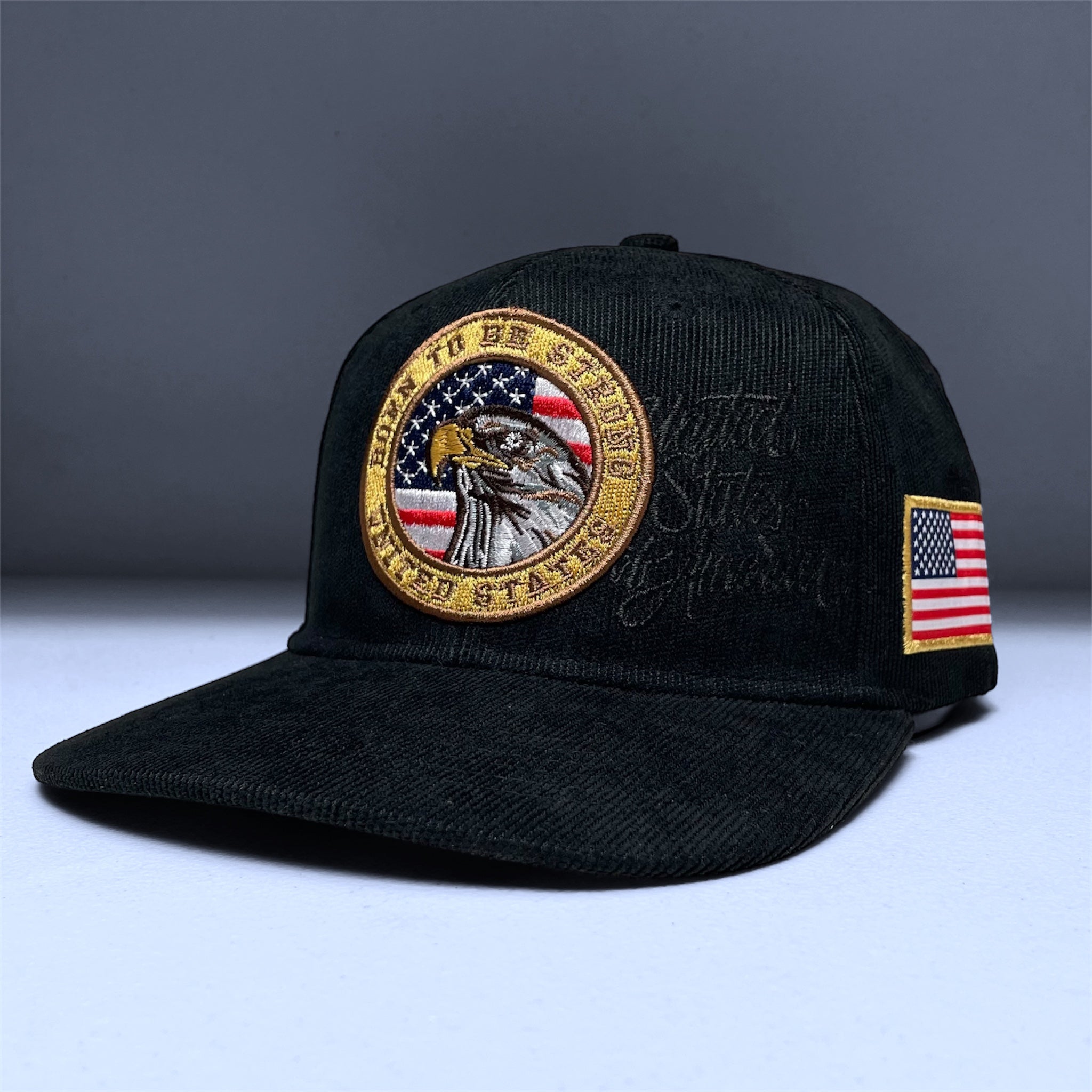 USA Flag Eagle Embroidered Black Corduroy Snapback Cap