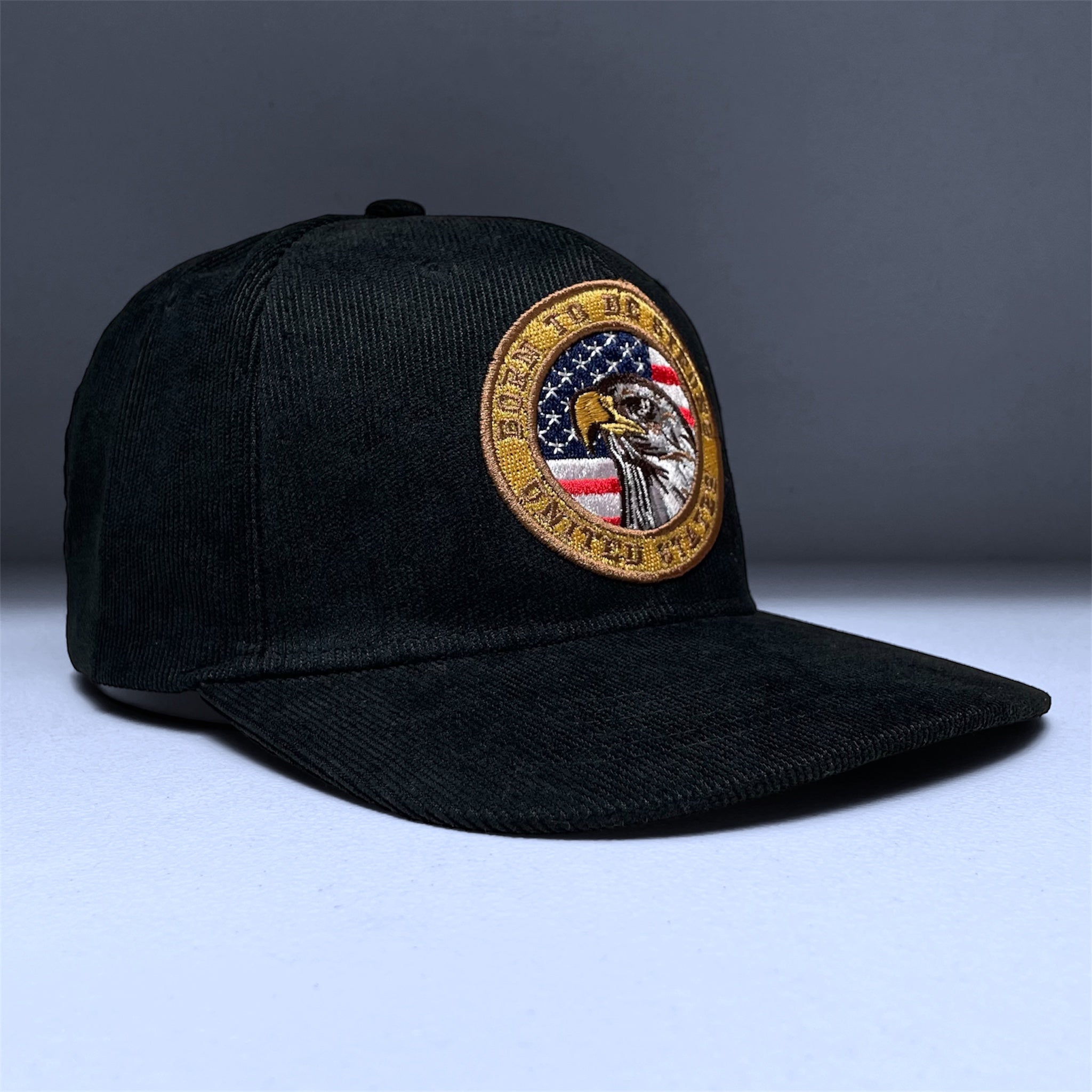 USA Flag Eagle Embroidered Black Corduroy Snapback Cap