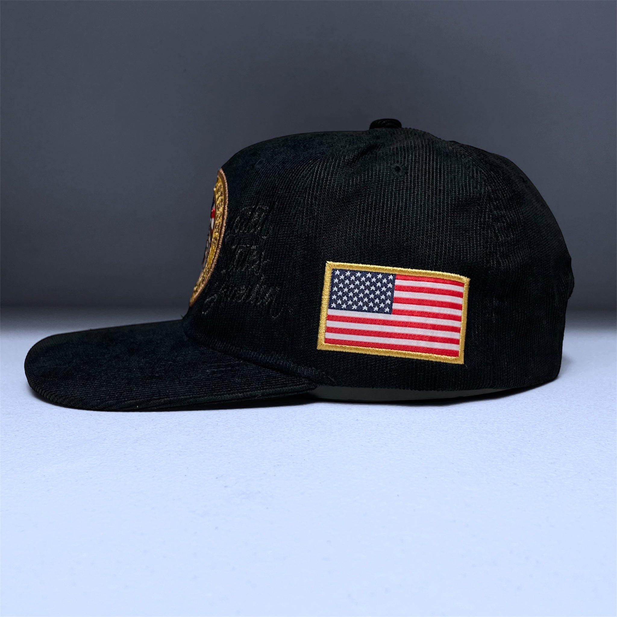 USA Flag Eagle Embroidered Black Corduroy Snapback Cap