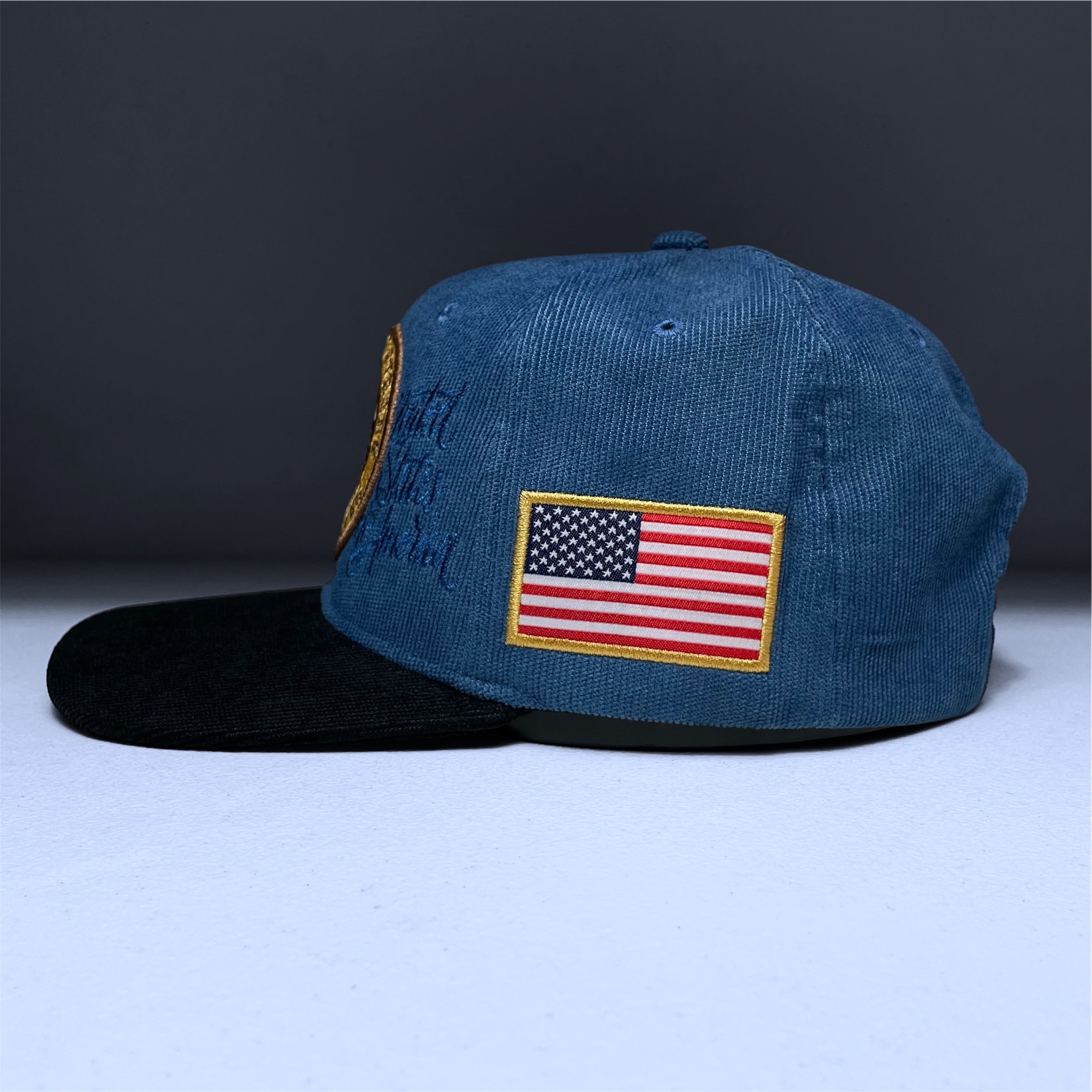 USA Flag Eagle Embroidered Blue Corduroy Snapback Cap