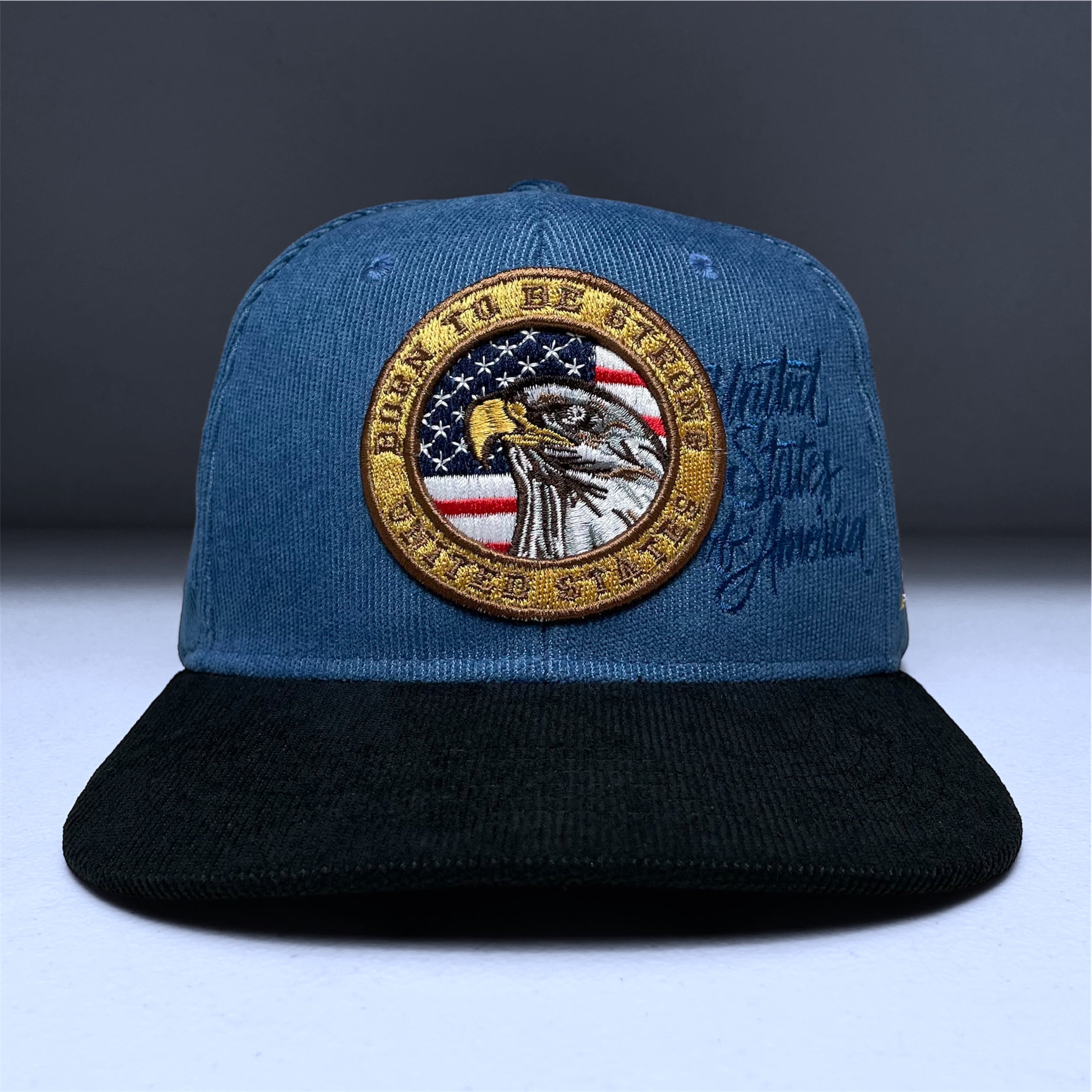 USA Flag Eagle Embroidered Blue Corduroy Snapback Cap