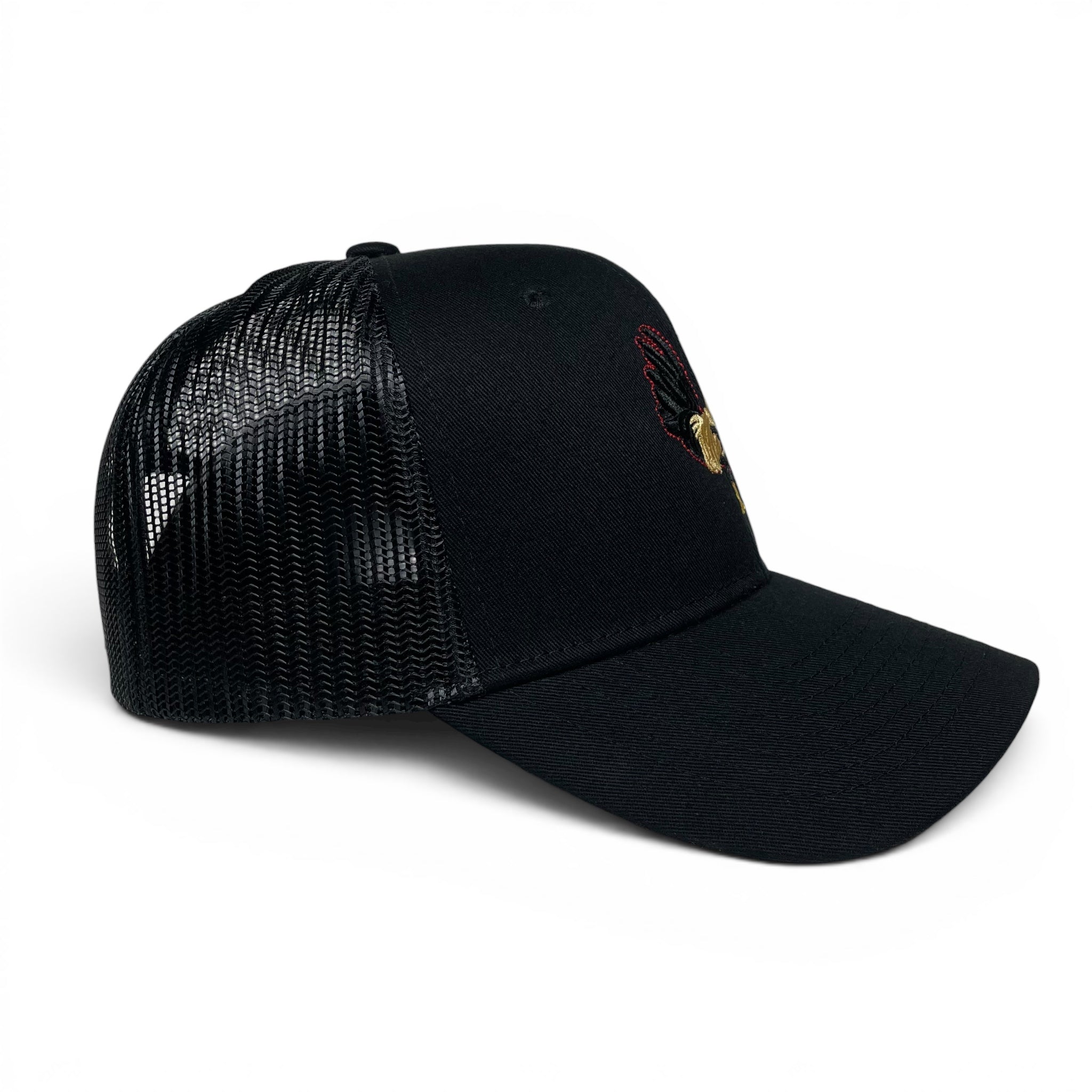 Rooster Embroidered Black Trucker Snapback Hat