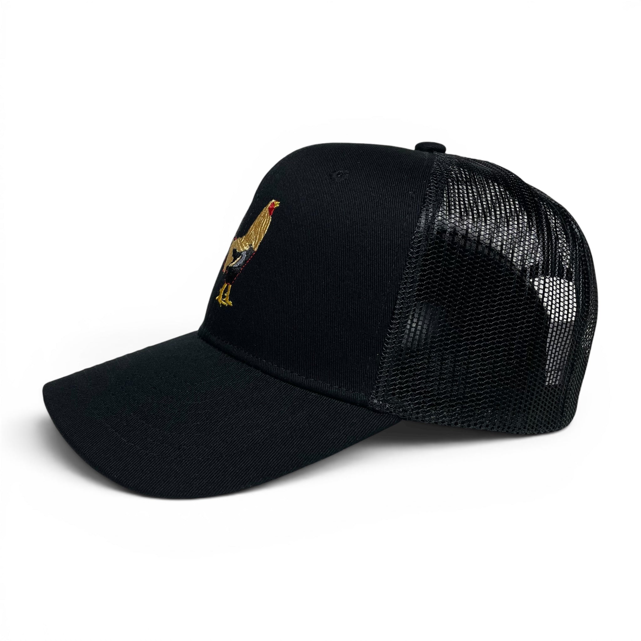 Rooster Embroidered Black Trucker Snapback Hat