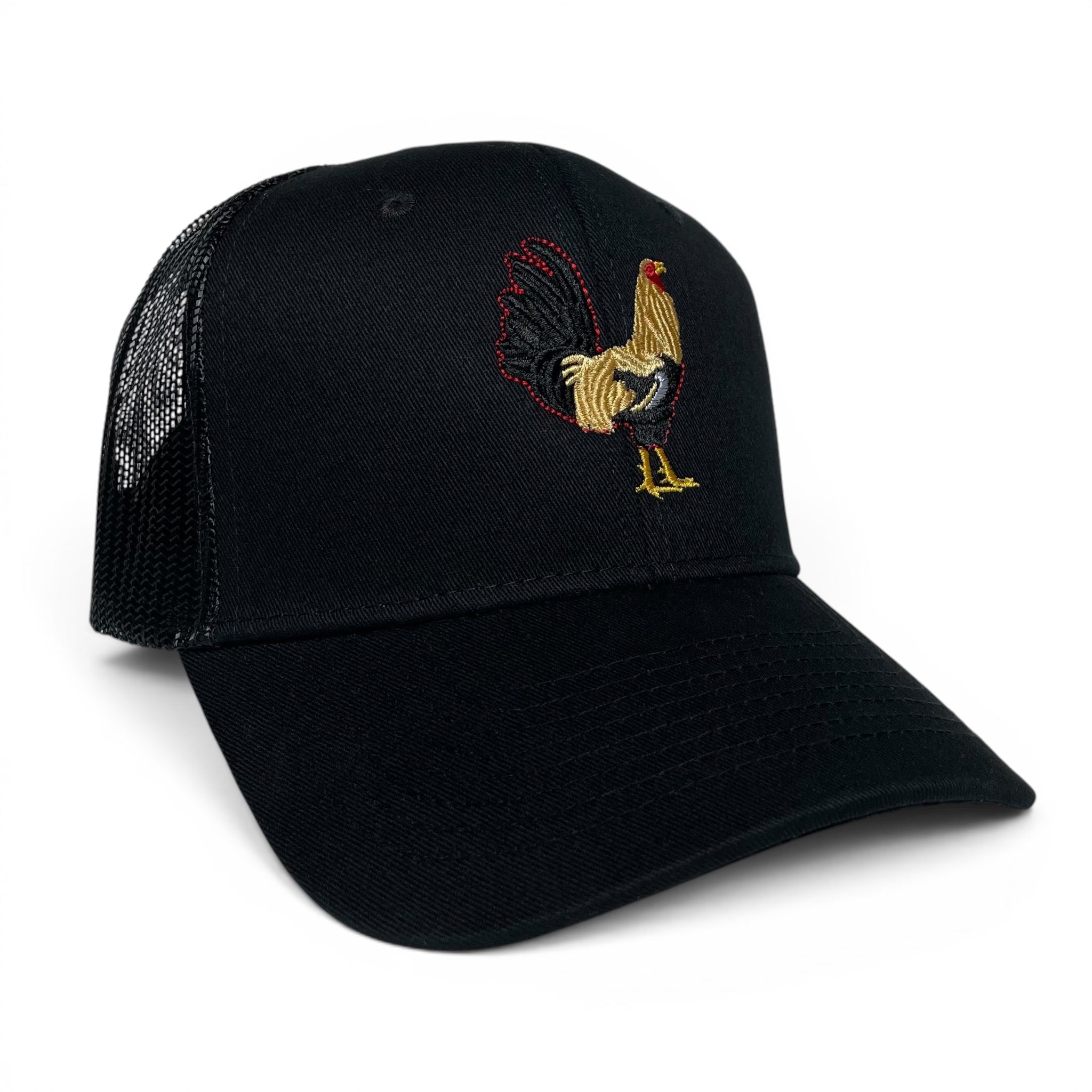Rooster Embroidered Black Trucker Snapback Hat
