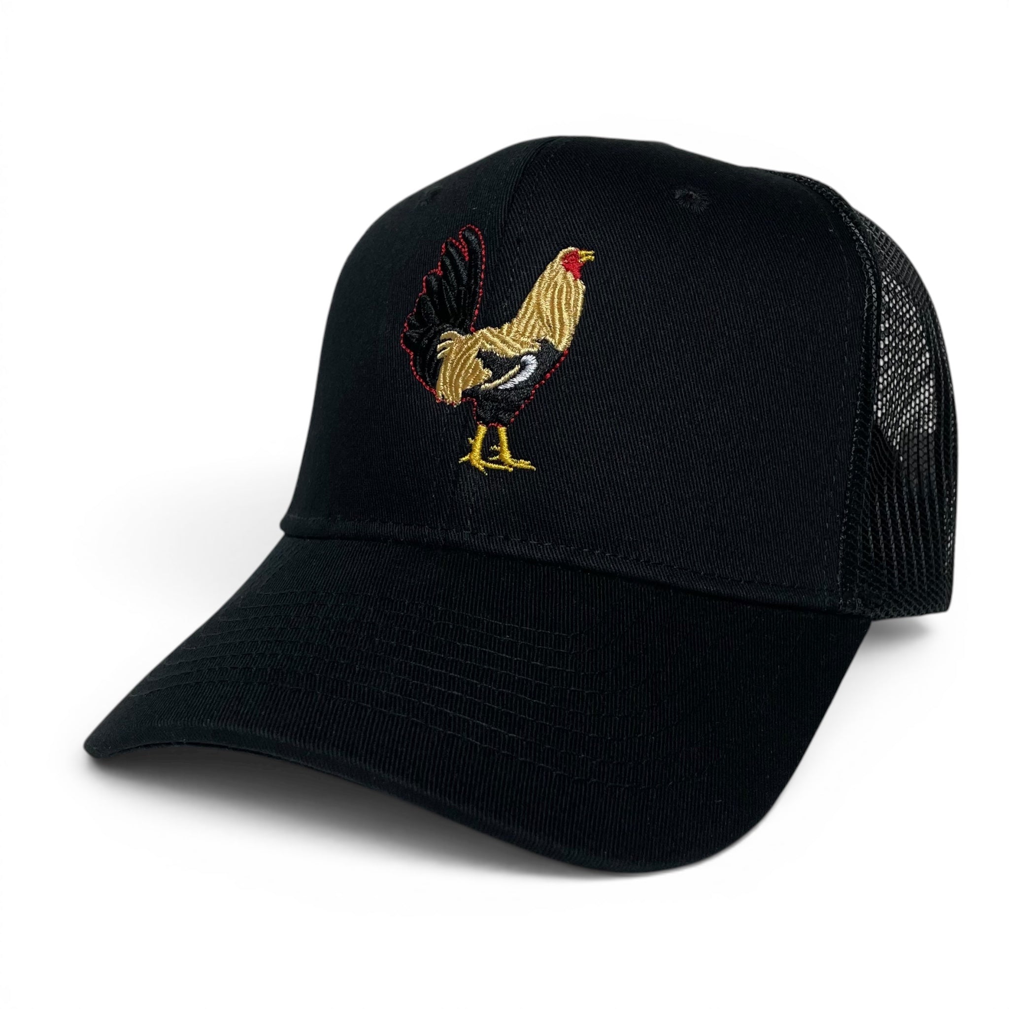 Rooster Embroidered Black Trucker Snapback Hat