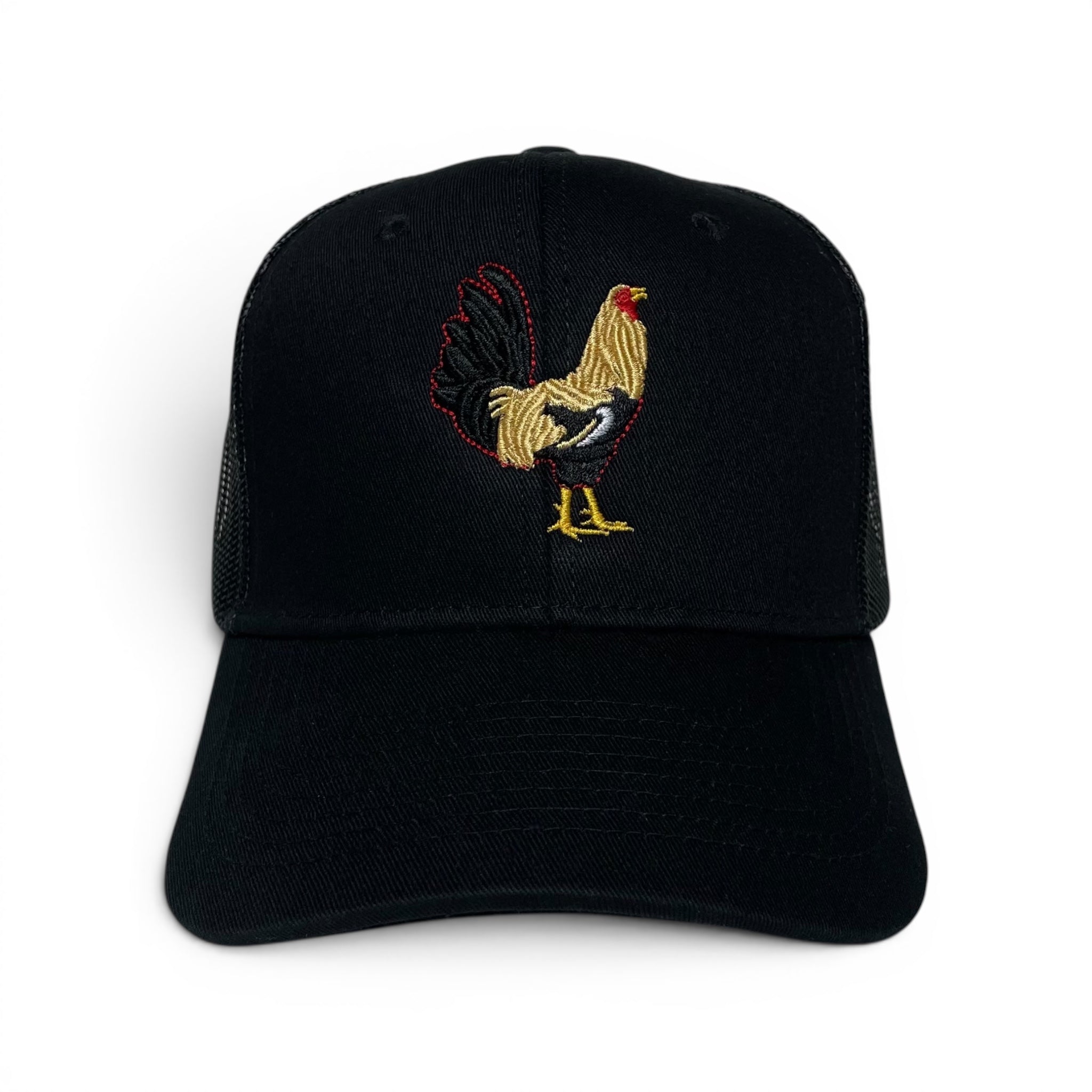 Rooster Embroidered Black Trucker Snapback Hat