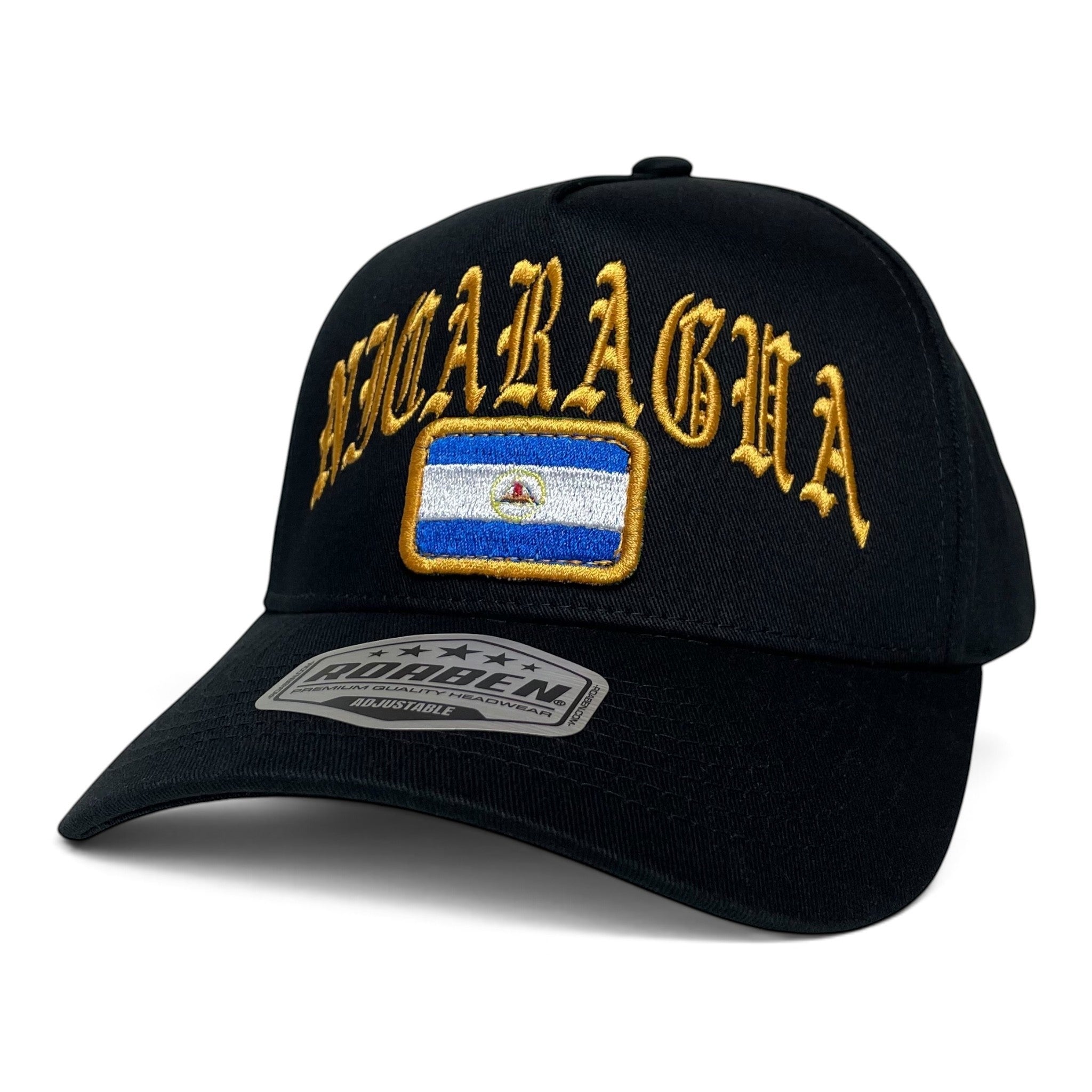 Black 5-panel adjustable baseball cap with deep gold embroidered "Nicaragua" lettering and the Nicaragua flag on the front panel.