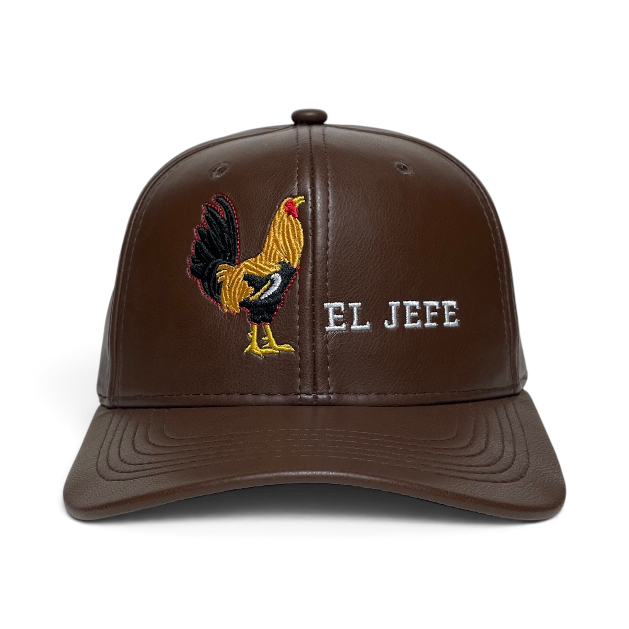 El Jefe brown leather-style snapback cap featuring detailed rooster embroidery, curved brim, and an adjustable fit with western character.