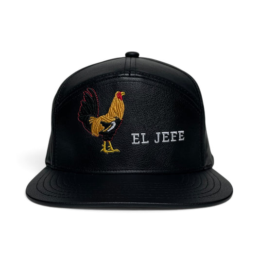 Black leather-look flat-brim cap with an embroidered rooster and the text 'EL JEFE' on the front, shown against a plain white background.