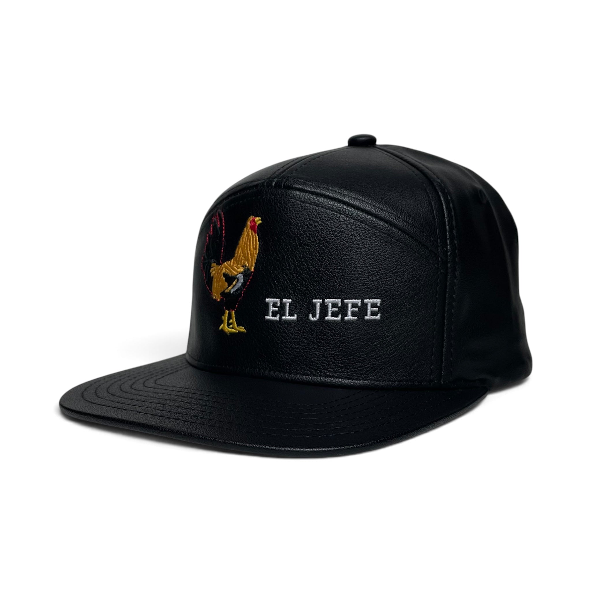 El Jefe Rooster Embroidered Black Faux Leather 7 Panel Snapback Cap