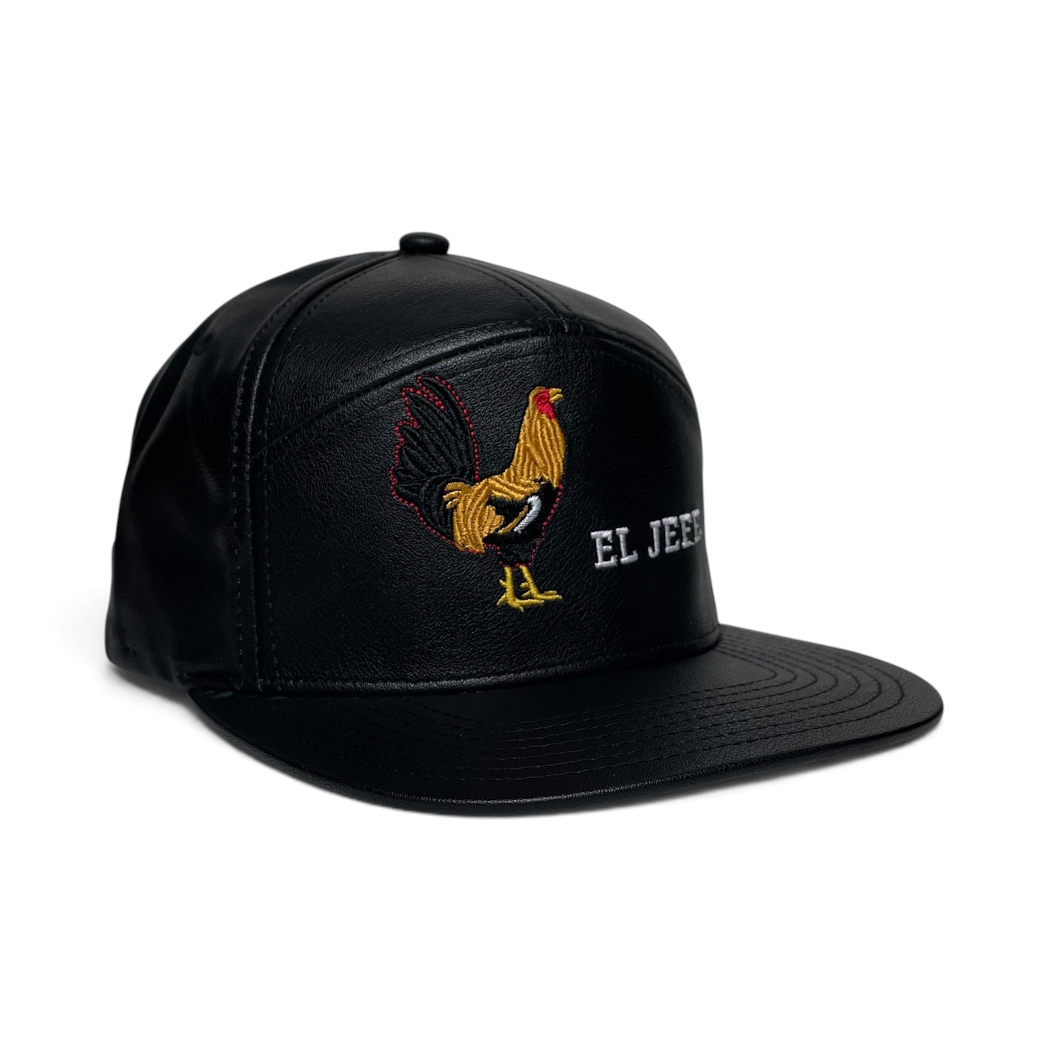 El Jefe Rooster Embroidered Black Faux Leather 7 Panel Snapback Cap