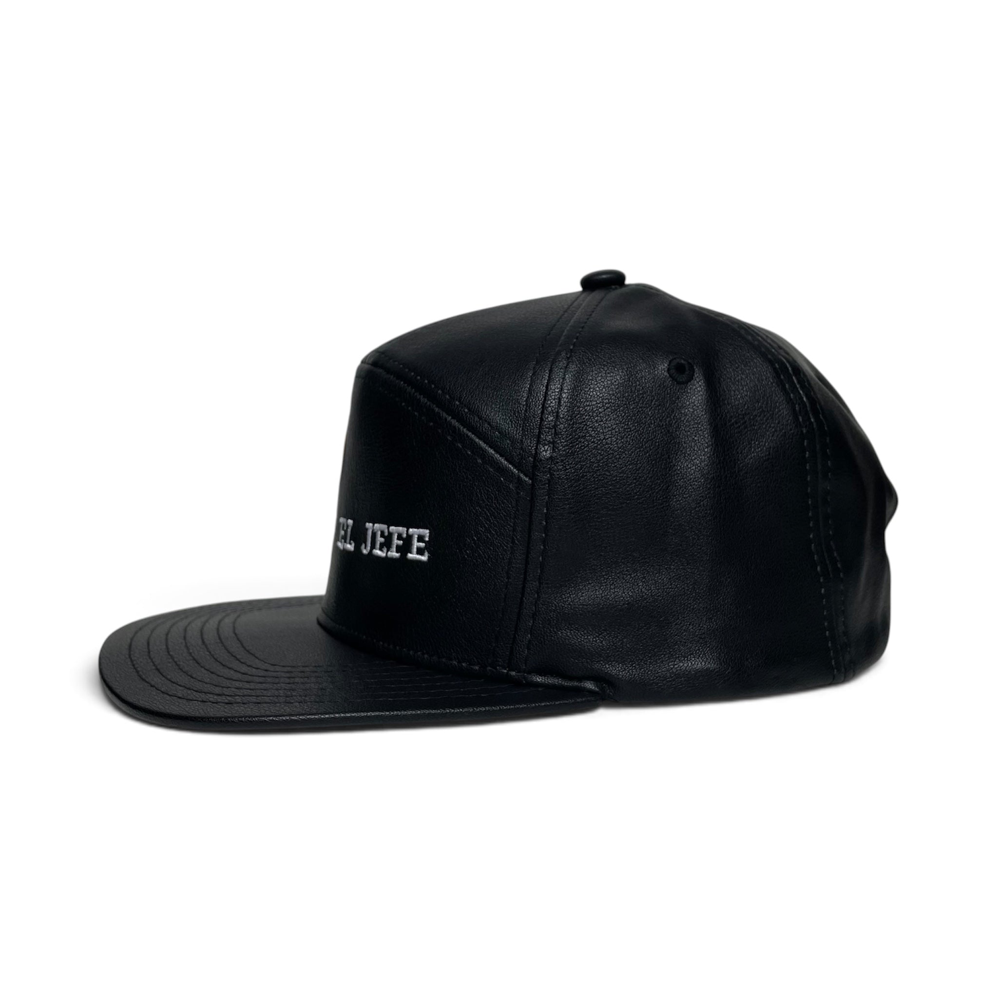 El Jefe Rooster Embroidered Black Faux Leather 7 Panel Snapback Cap