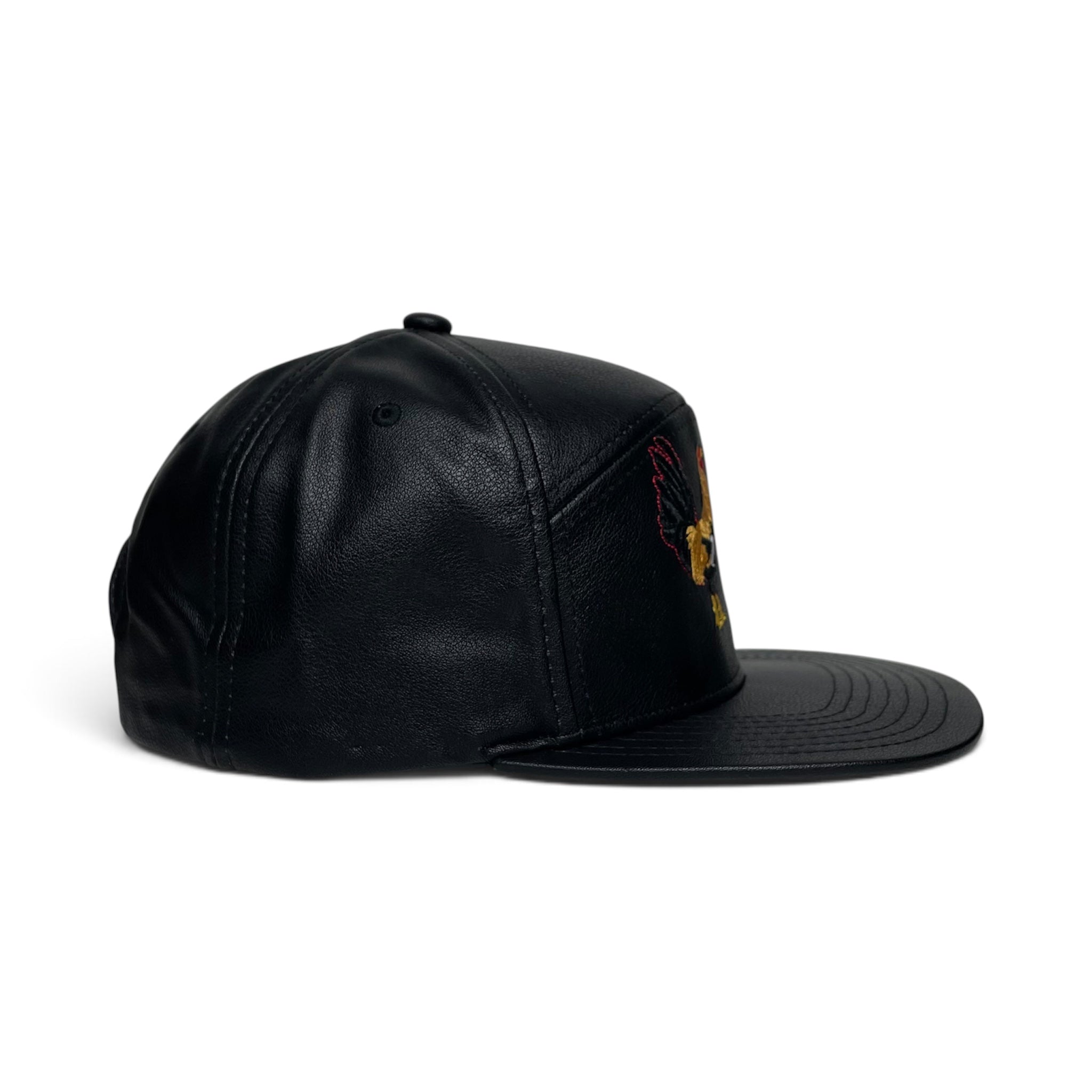 El Jefe Rooster Embroidered Black Faux Leather 7 Panel Snapback Cap