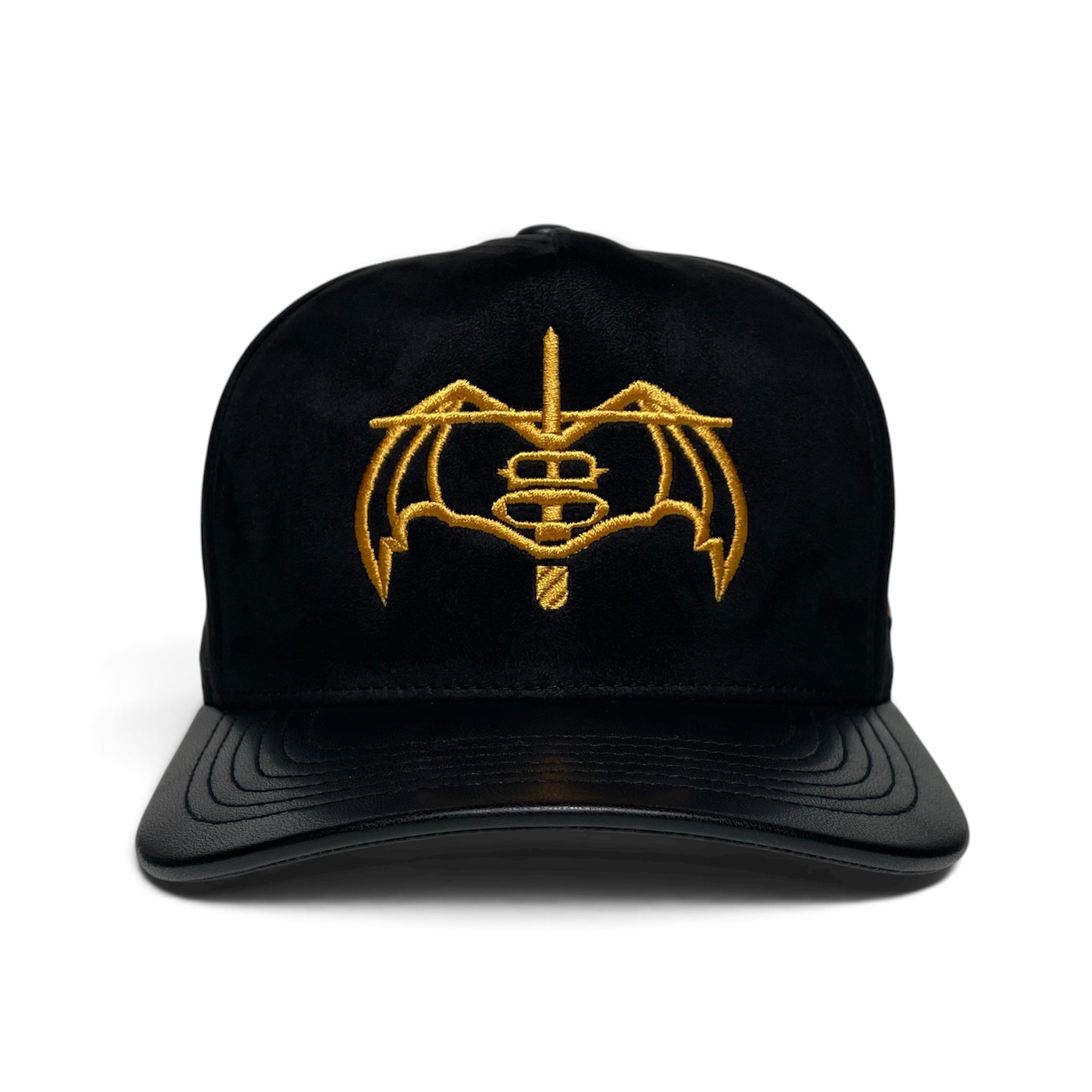 Black suede snapback baseball cap with gold GAFES embroidery, Mexico flag side patch, black leather brim, and adjustable closure.