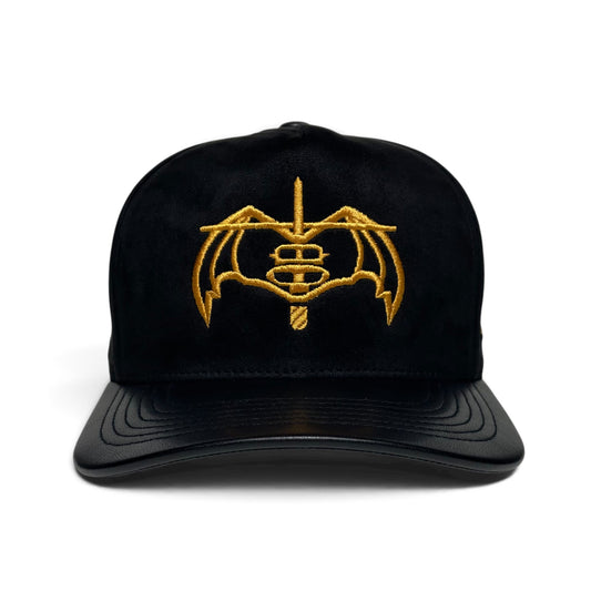 Black suede snapback baseball cap with gold GAFES embroidery, Mexico flag side patch, black leather brim, and adjustable closure.