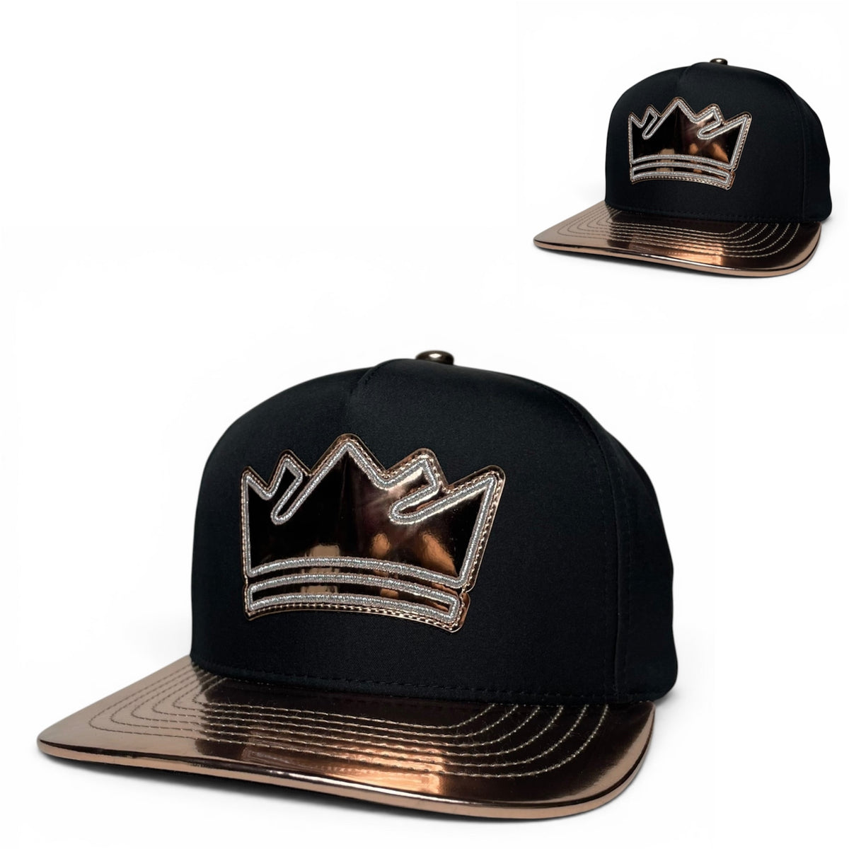 King Crown Snapback Hat, Black & Metallic Bronze, Flat Brim