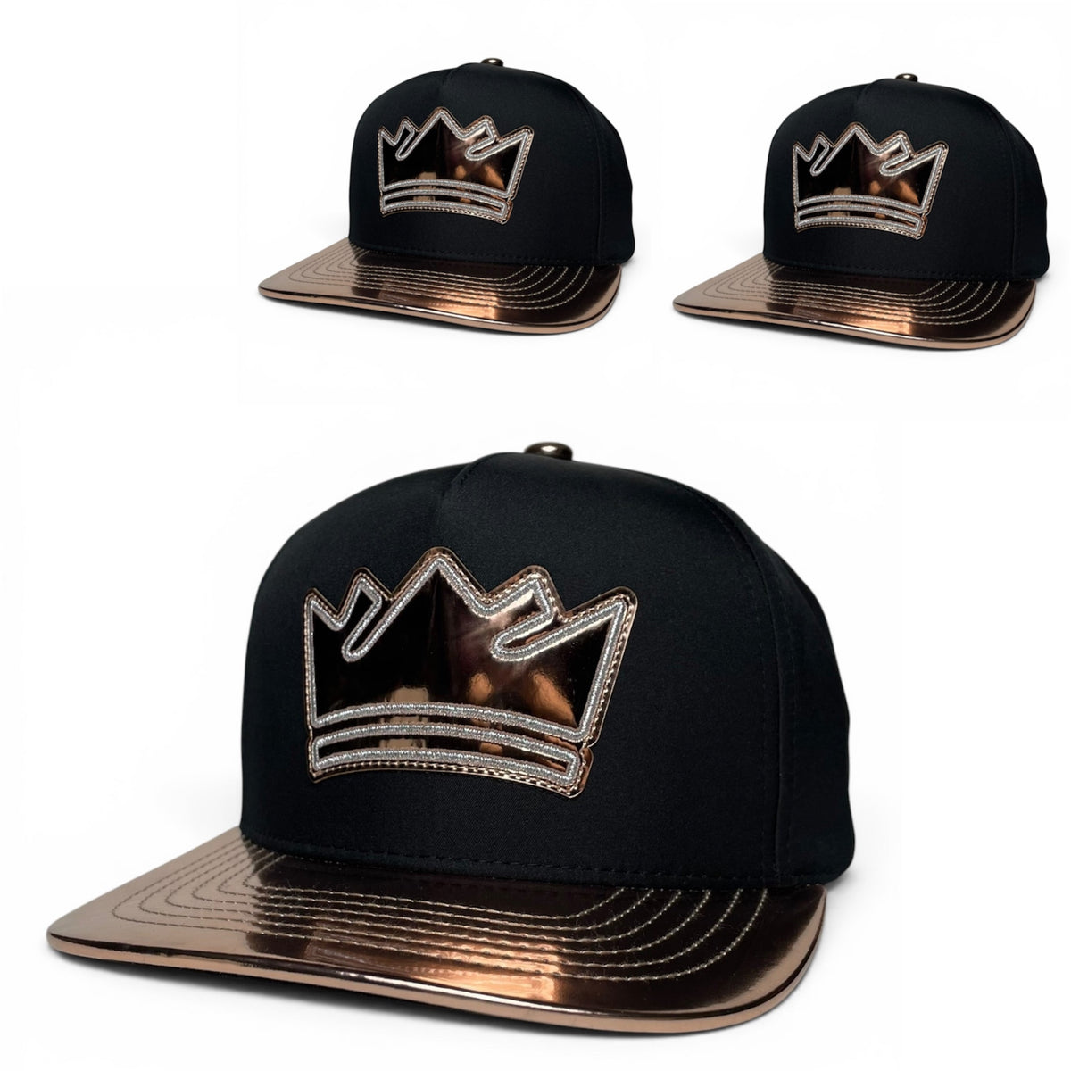 King Crown Snapback Hat, Black & Metallic Bronze, Flat Brim