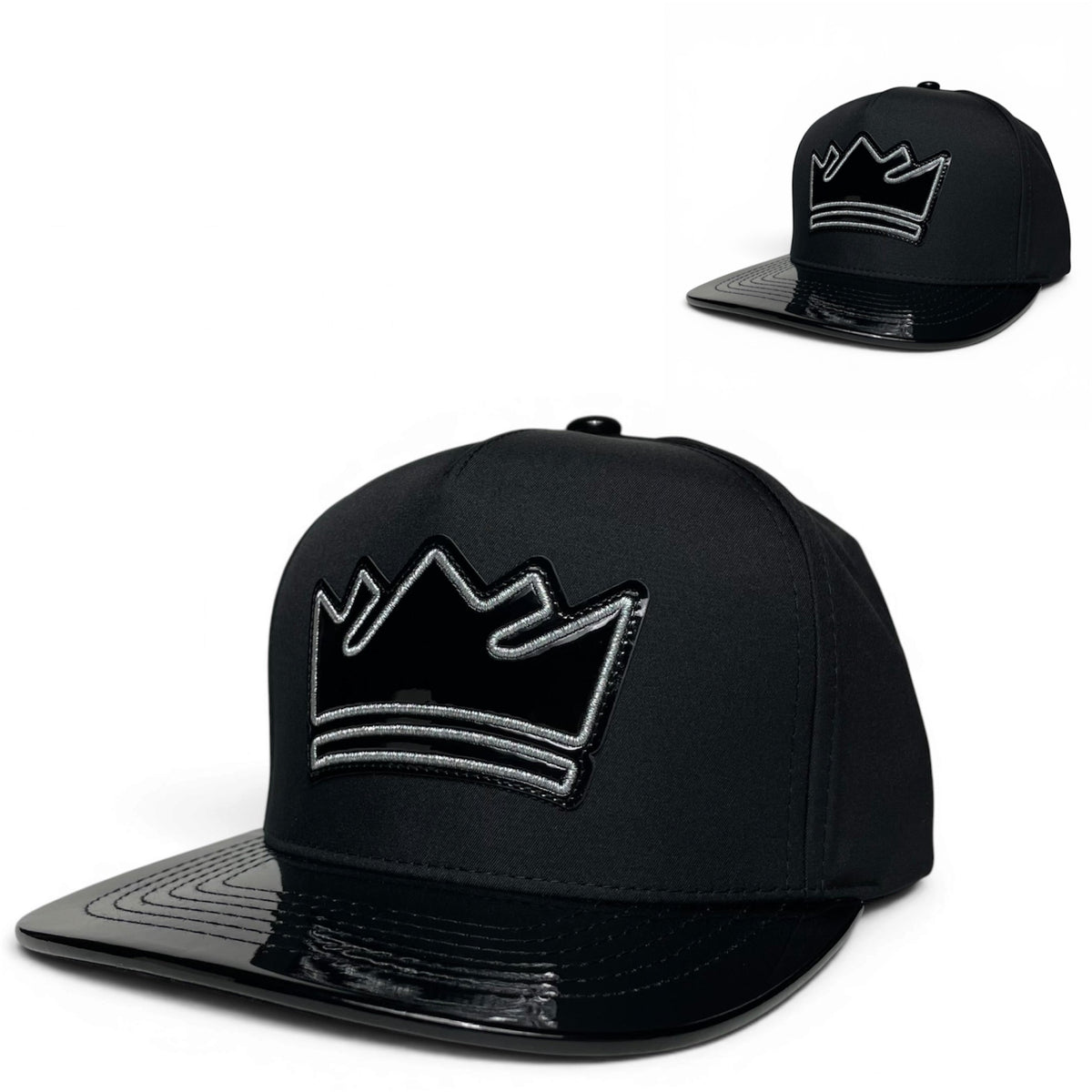 King Crown Snapback Hat, Black with Black Vinyl Flat Brim