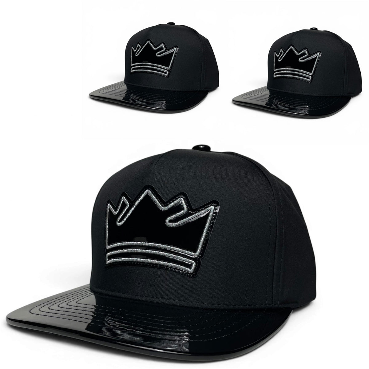 King Crown Snapback Hat, Black with Black Vinyl Flat Brim
