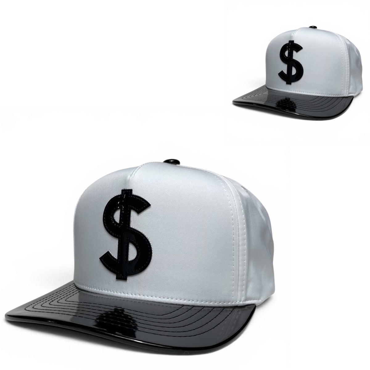 Dollar Sign Snapback Hat with Vinyl Patch, White and Black