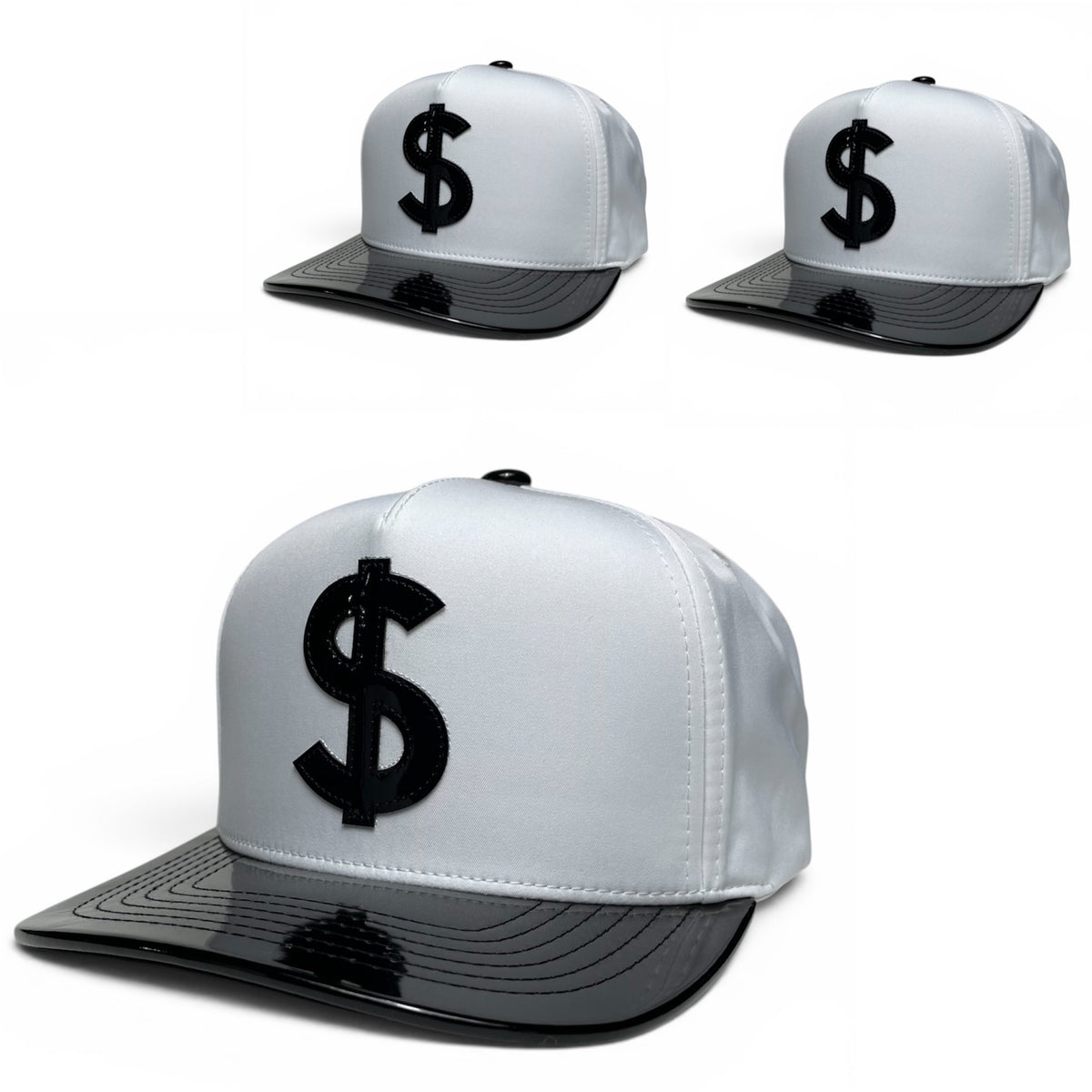 Dollar Sign Snapback Hat with Vinyl Patch, White and Black