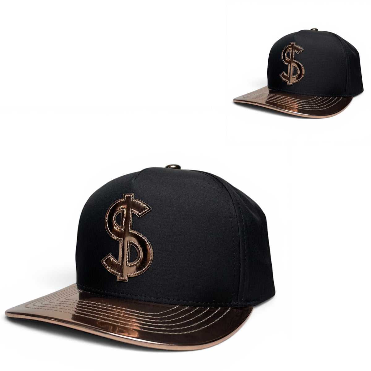 Dollar Sign Snapback Hat with Bronze Vinyl Patch, Black